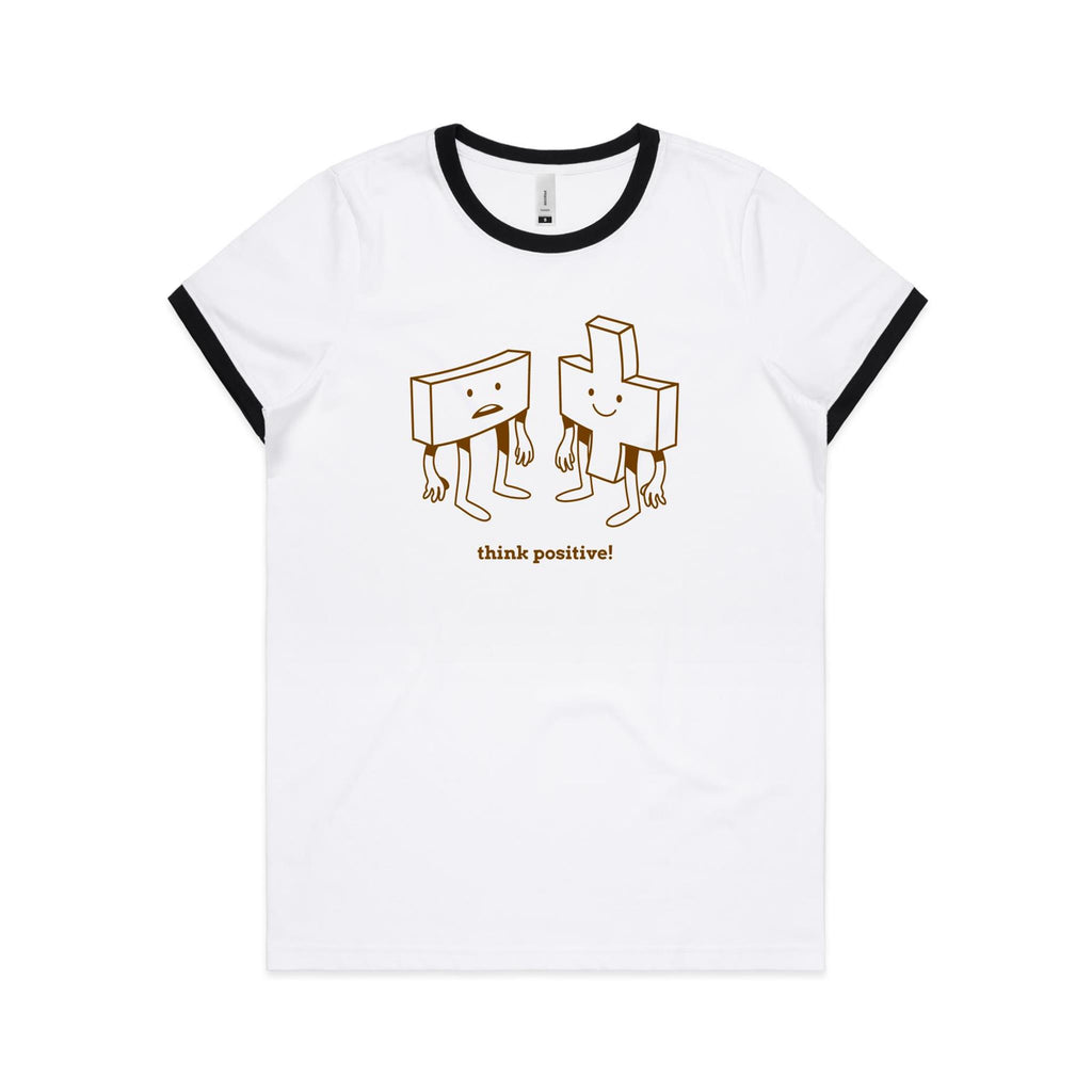 Think Positive, Maths - Women's Ringer Tee White Black Womens Ringer T-shirt Maths Positivity Printed In Australia