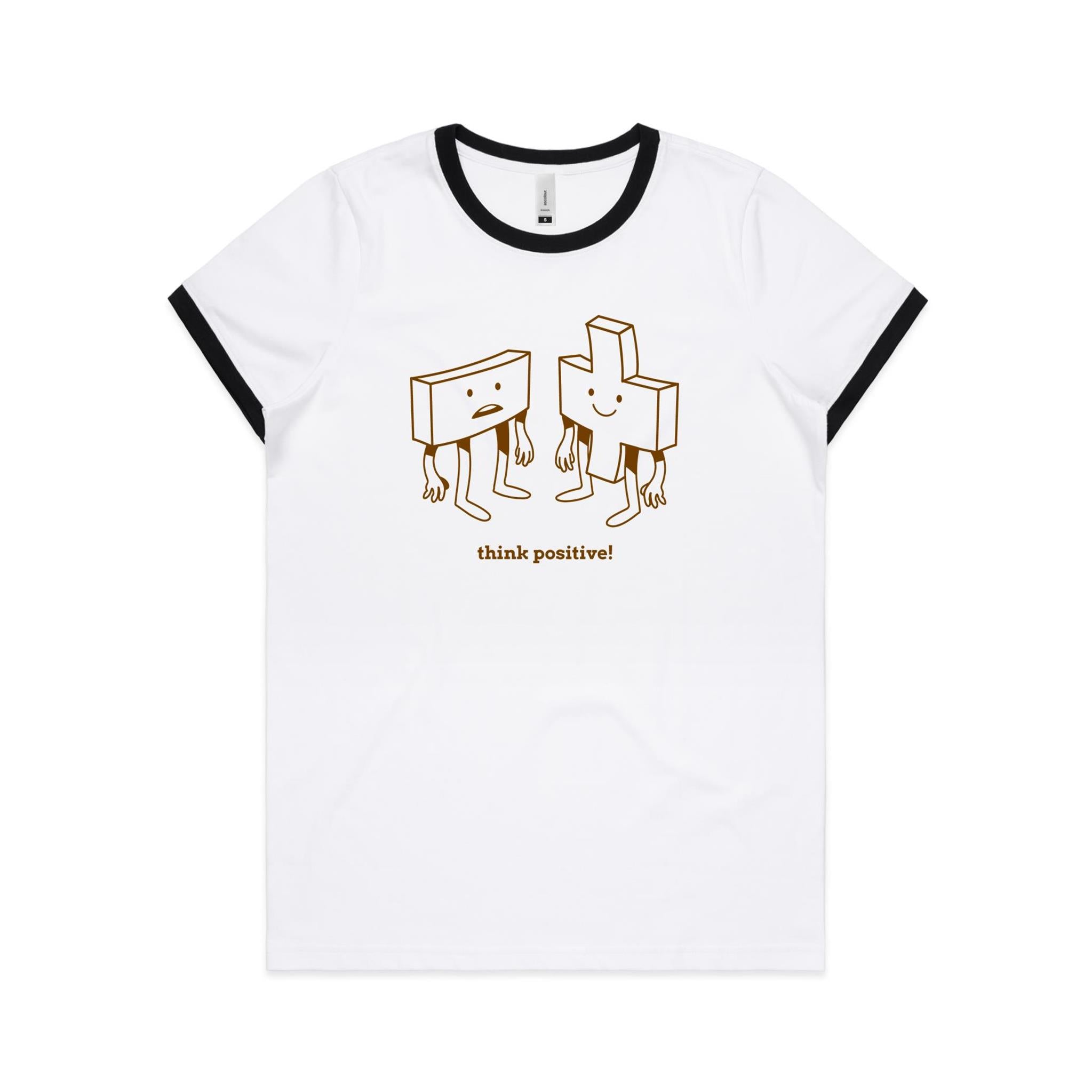 Think Positive, Maths - Women's Ringer Tee White Black Womens Ringer T-shirt Maths Positivity Printed In Australia