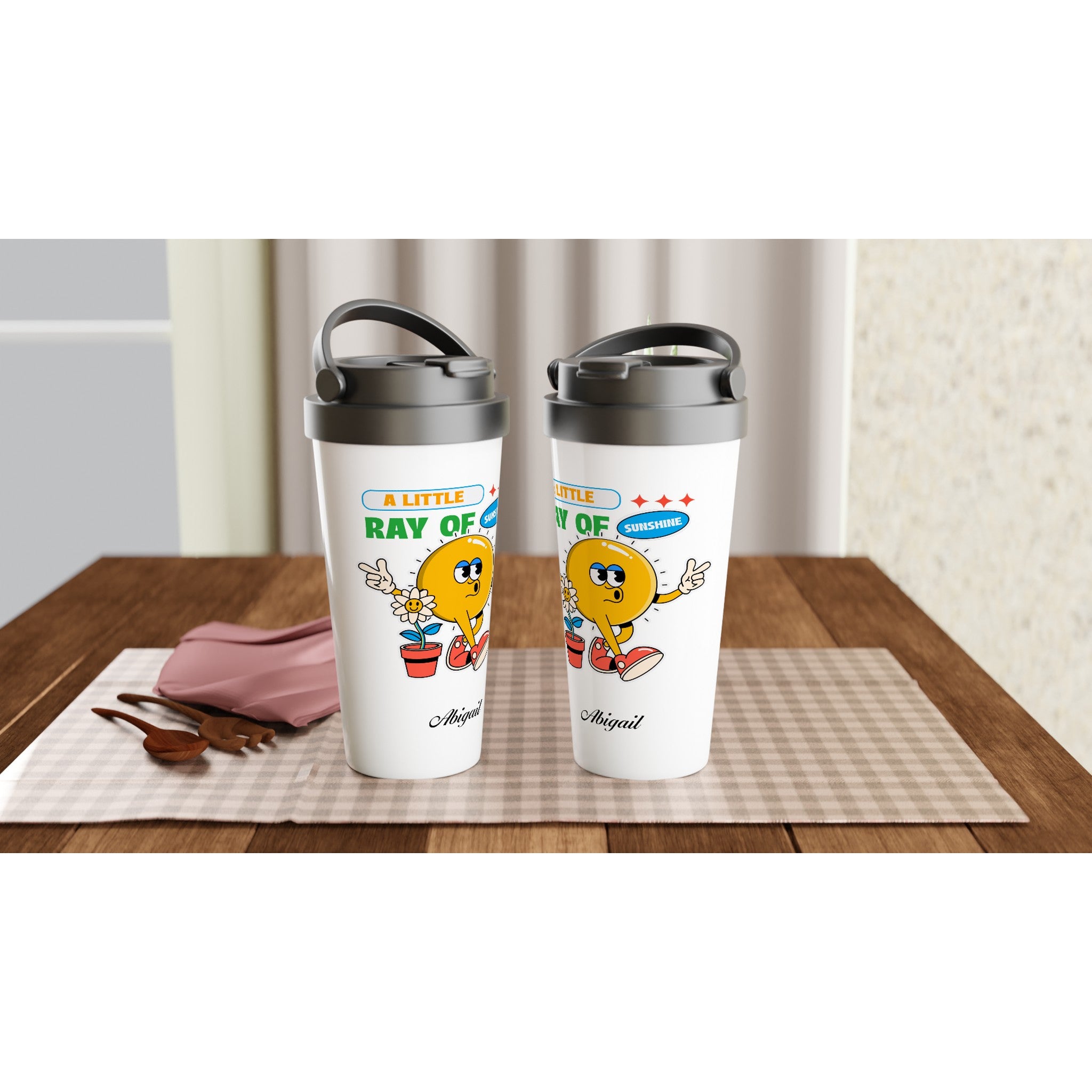 Personalised - A Little Ray Of Sunshine - White 15oz Stainless Steel Travel Mug Personalised Travel Mug Customise Globally Fulfilled Personalise