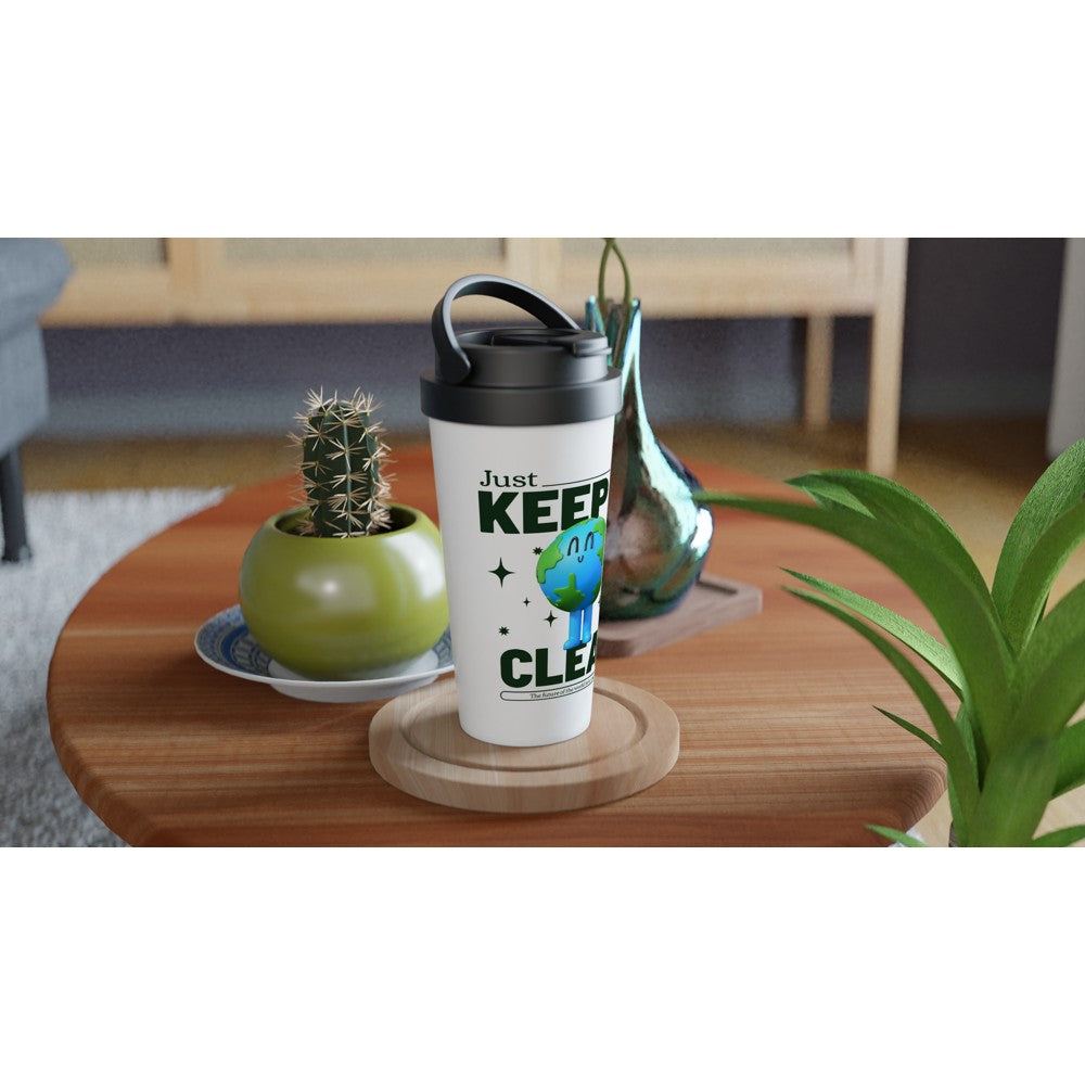 Just Keep It Clean, Planet Earth - White 15oz Stainless Steel Travel Mug Travel Mug Environment Globally Fulfilled