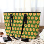 Yellow Flowers On Green PU Leather Tote Bag Large