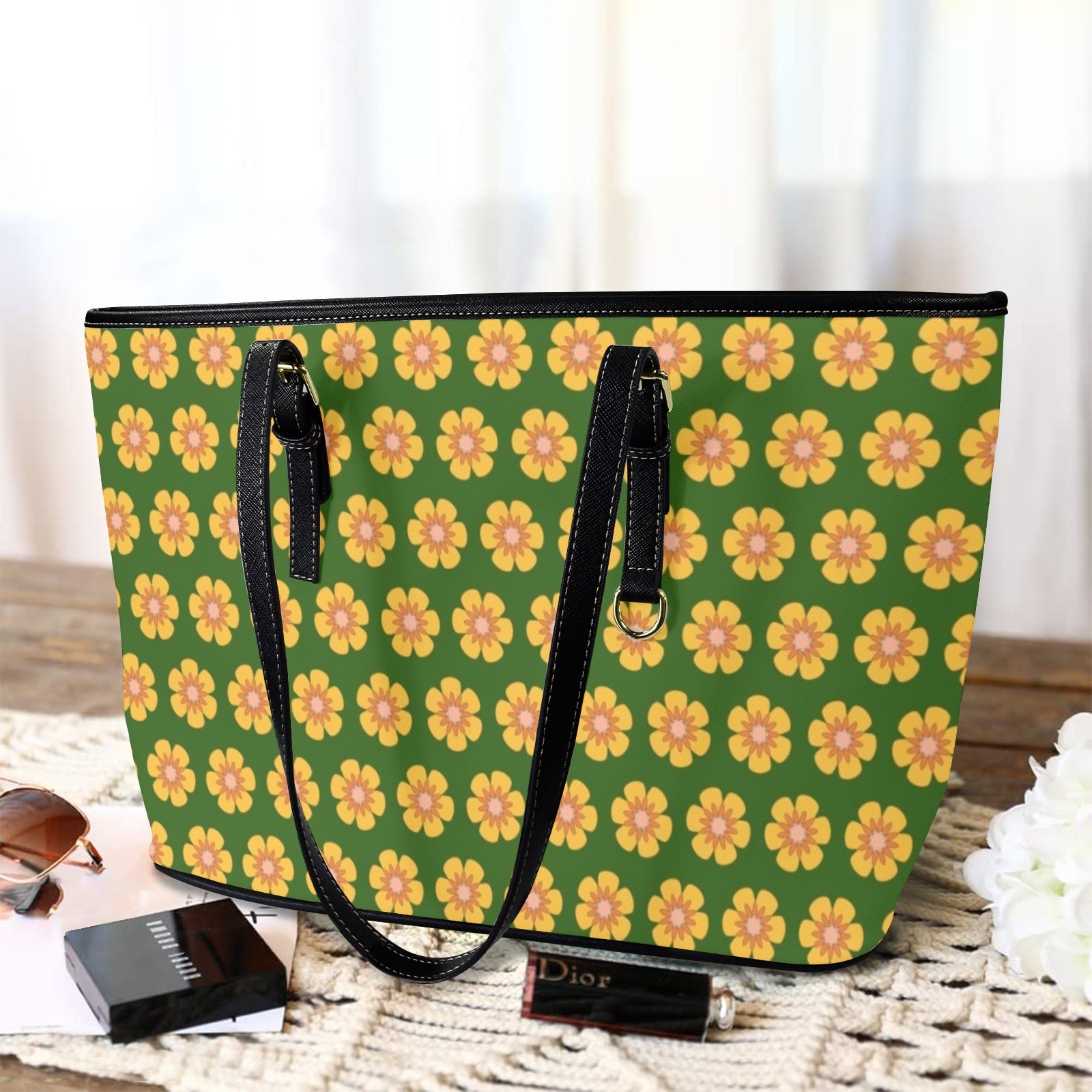Yellow Flowers On Green PU Leather Tote Bag Large