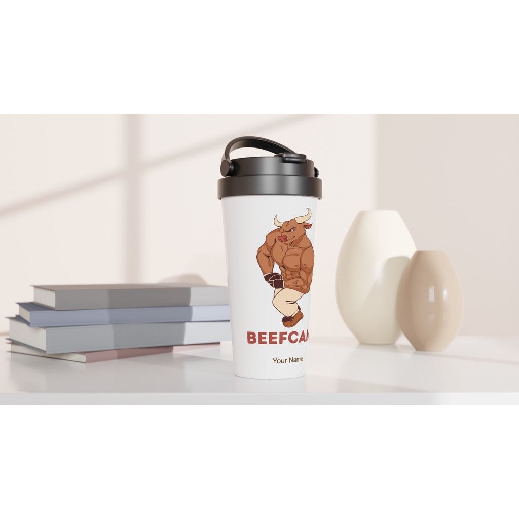 Personalised - Beefcake - White 15oz Stainless Steel Travel Mug Personalised Travel Mug Fitness Globally Fulfilled