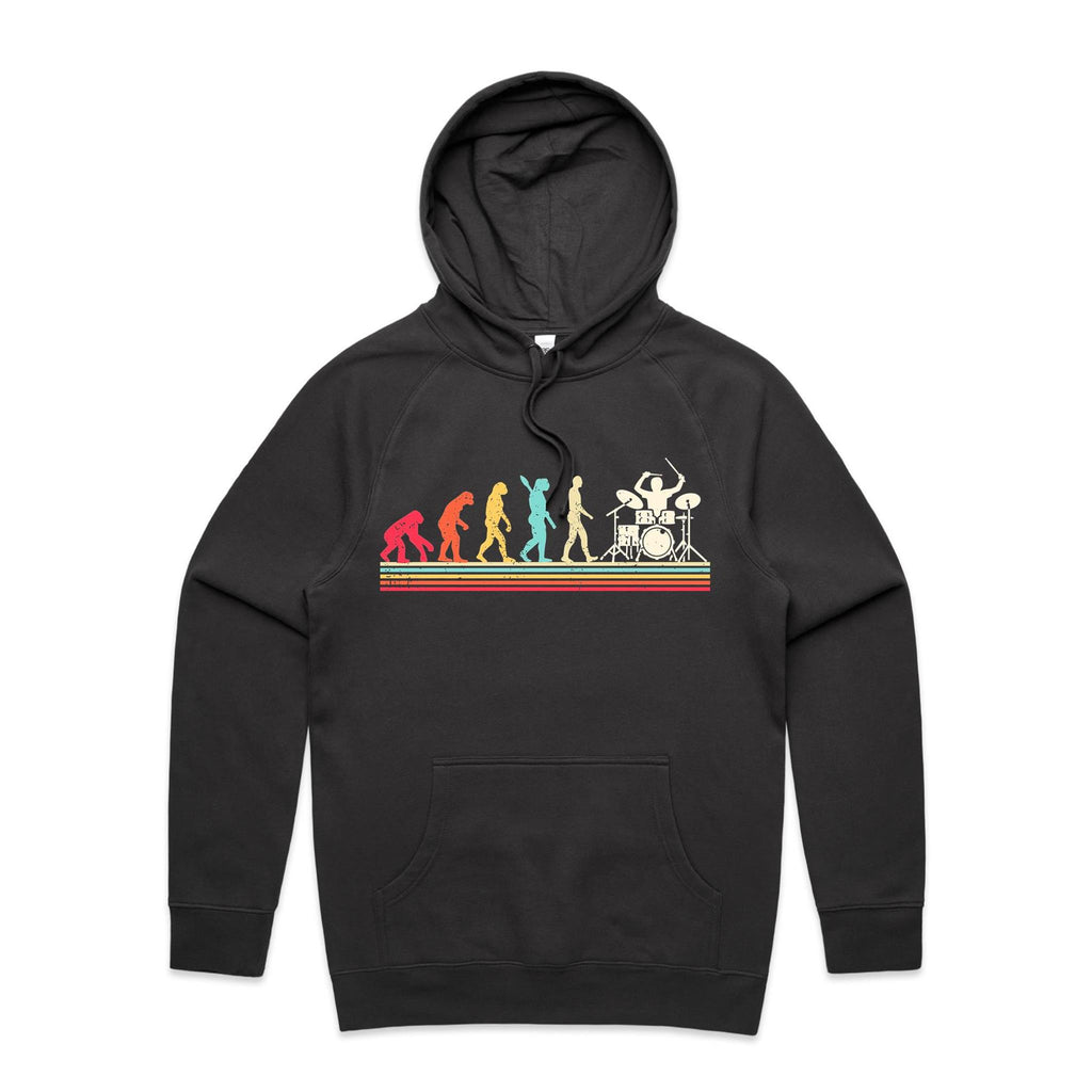Drummer Evolution - Mens Hoodie Coal Mens Hoodie Music Printed In Australia