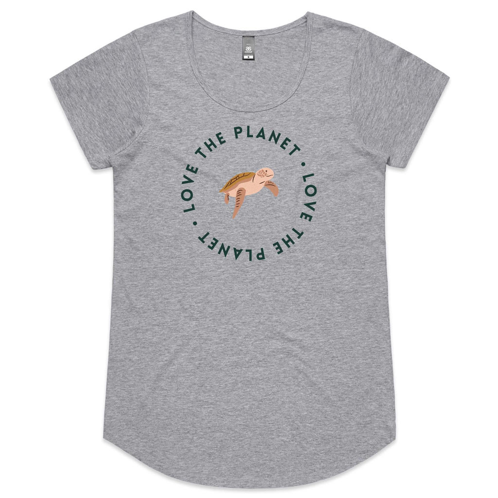 Love The Planet, Turtle - Womens Scoop Neck T-Shirt Grey Marle Womens Scoop Neck T-shirt animal Environment Printed In Australia