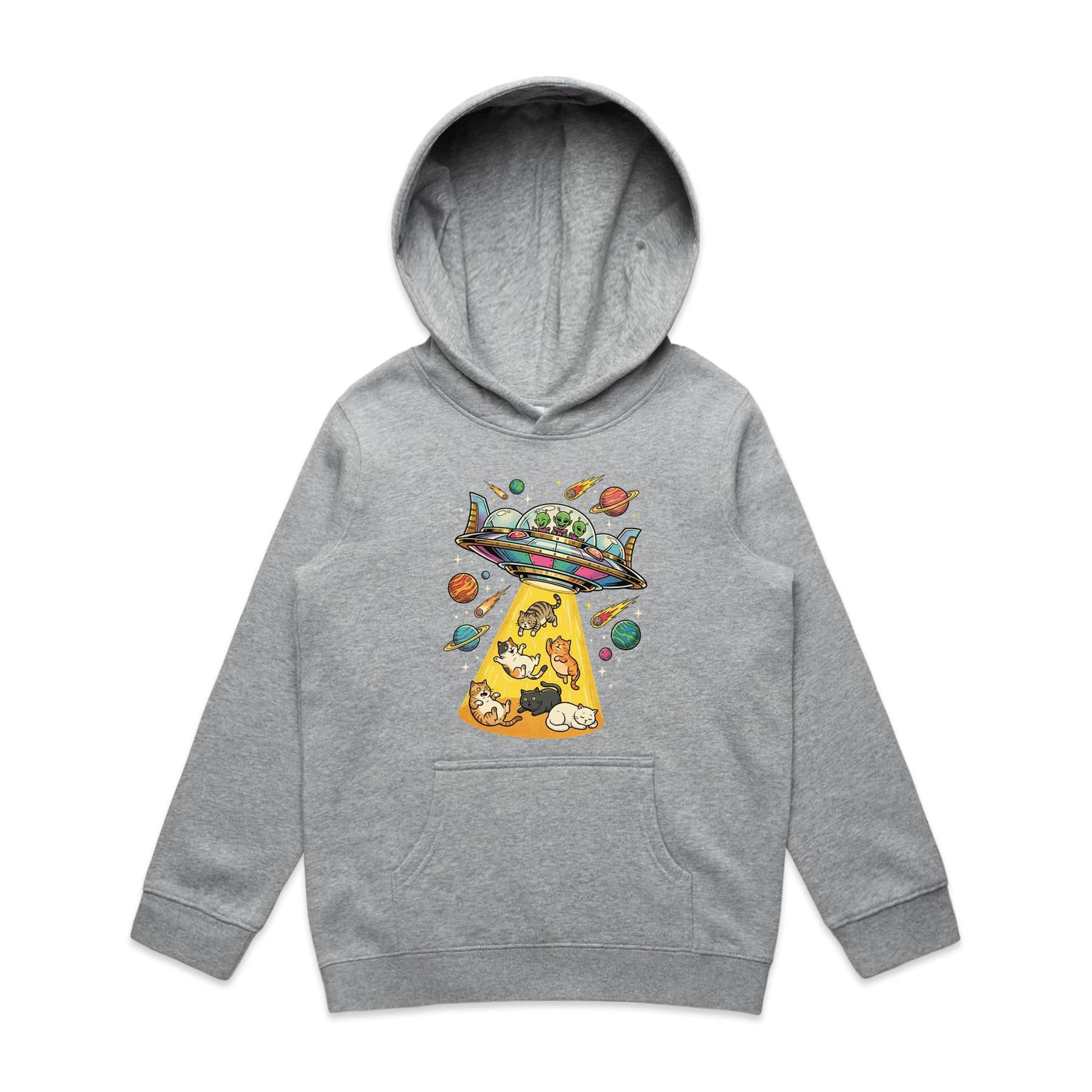UFO Cat Abduction - Kid's AS Colour Hoodie Grey Marle Kids Hoodie animal Printed In Australia Sci Fi