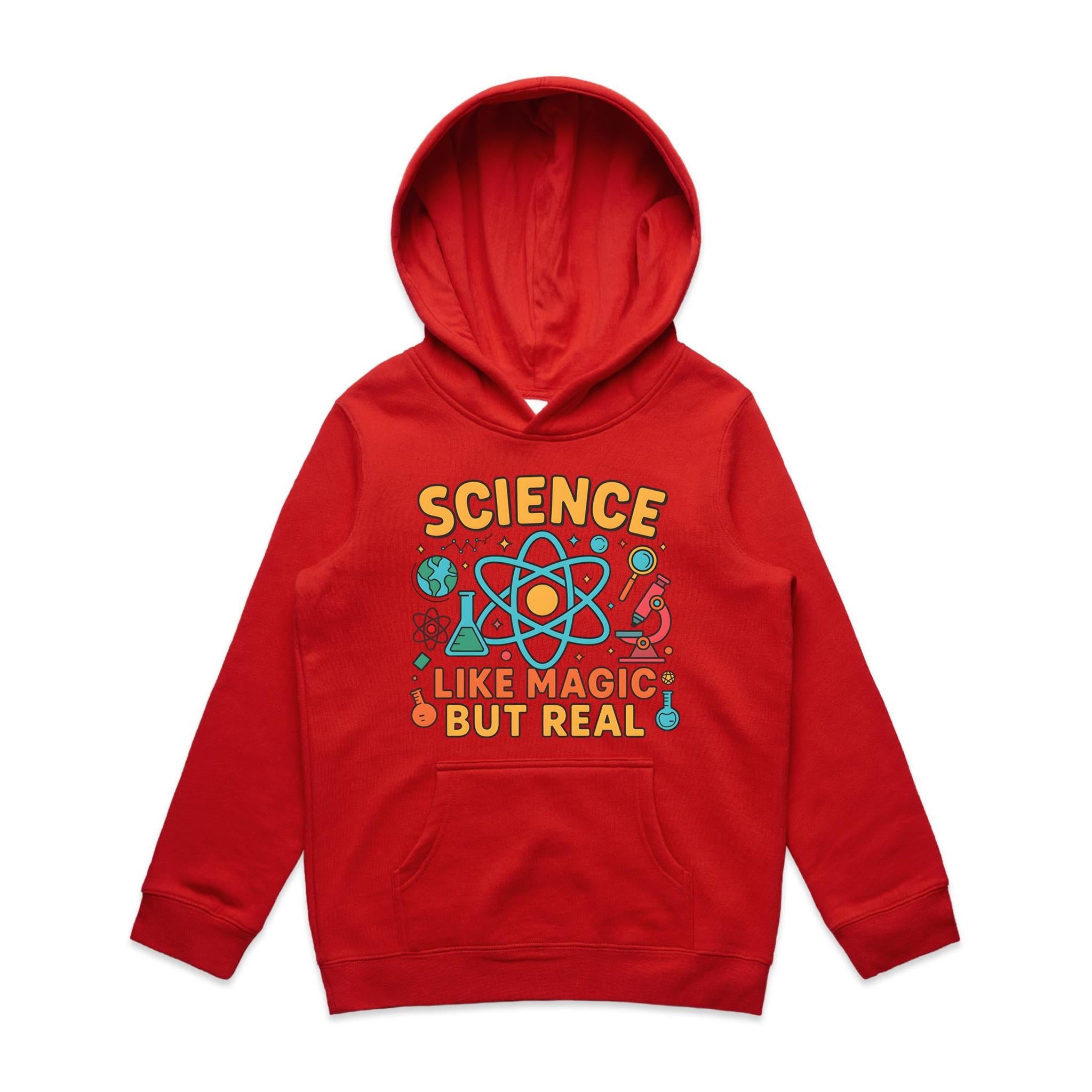 Science, Like Magic But Real - Kids Hoodie Red Kids Hoodie Printed In Australia Science