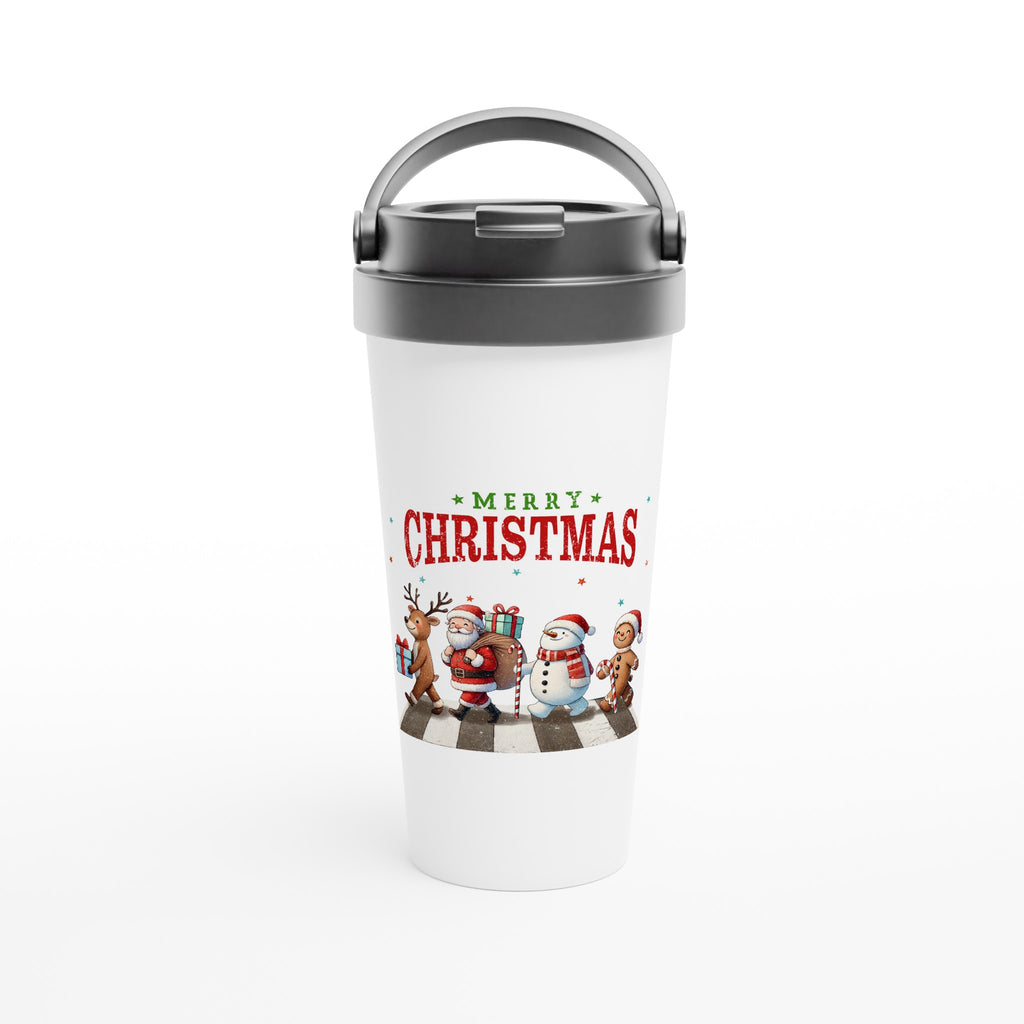 Fab Four, Merry Christmas - White 15oz Stainless Steel Travel Mug Default Title Christmas Travel Mug Christmas Globally Fulfilled