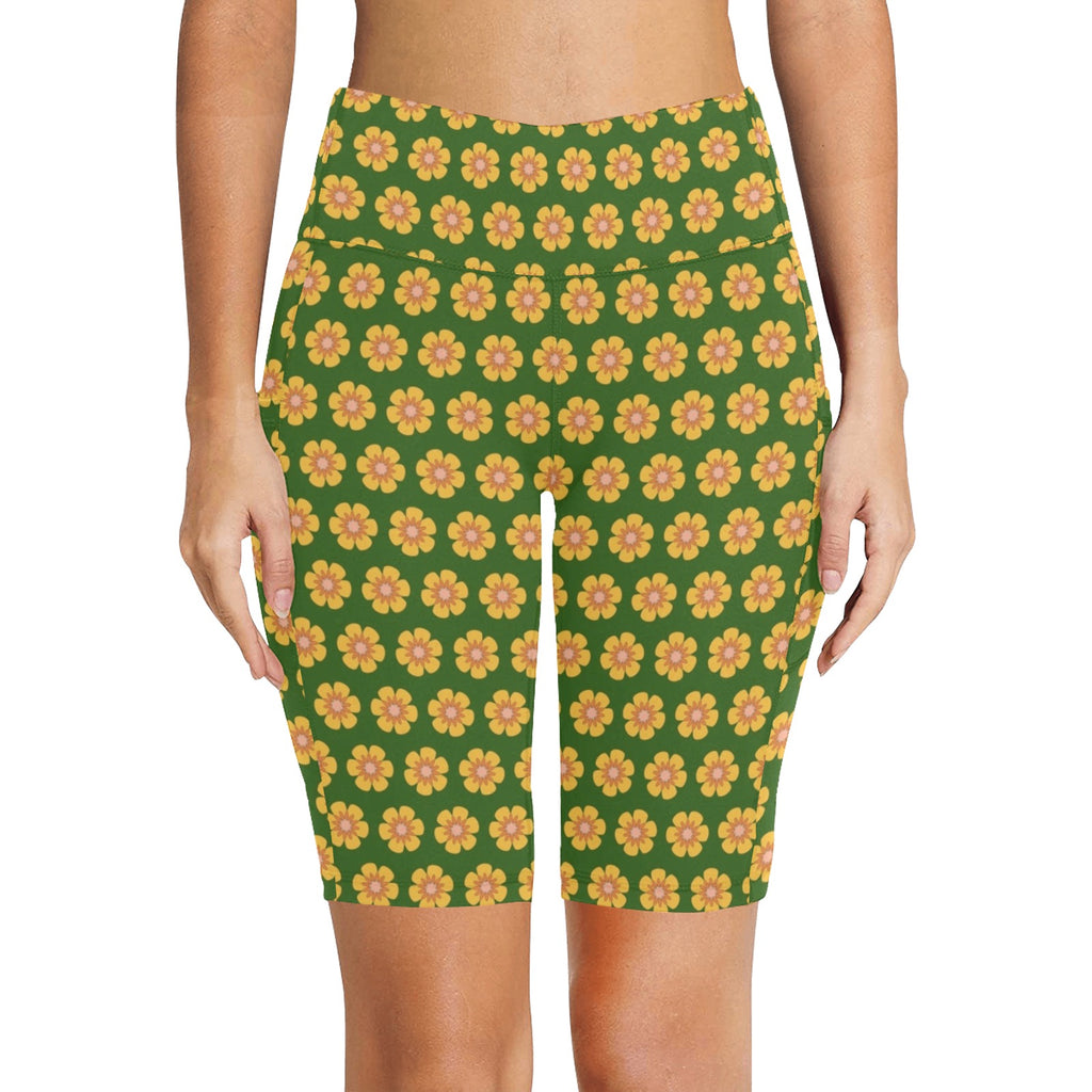 Yellow Flowers On Green Women's Bike Shorts With Side Pockets