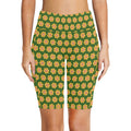Yellow Flowers On Green Women's Bike Shorts With Side Pockets