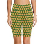 Yellow Flowers On Green Women's Bike Shorts With Side Pockets