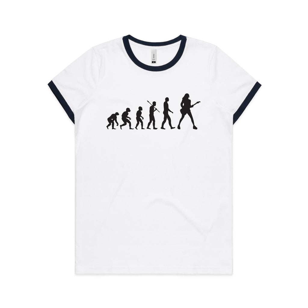 Evolution Of A Guitar Player - Women's Ringer Tee White Navy Womens Ringer T-shirt Music Printed In Australia