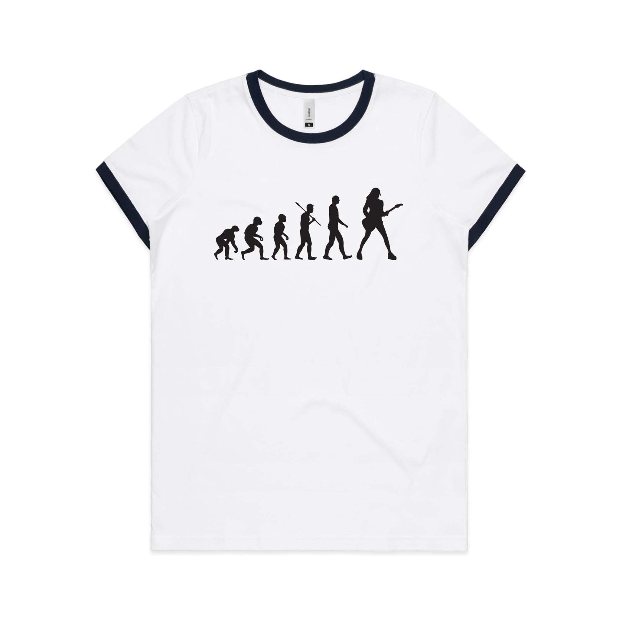 Evolution Of A Guitar Player - Women's Ringer Tee White Navy Womens Ringer T-shirt Music Printed In Australia