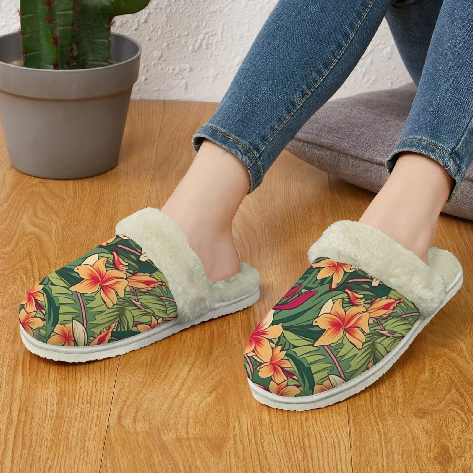 Vintage Hawaiian Floral Women's Fur Trim Thick-Sole Indoor Slippers Women's Fur Trimmed Slippers Plants Printed Offshore