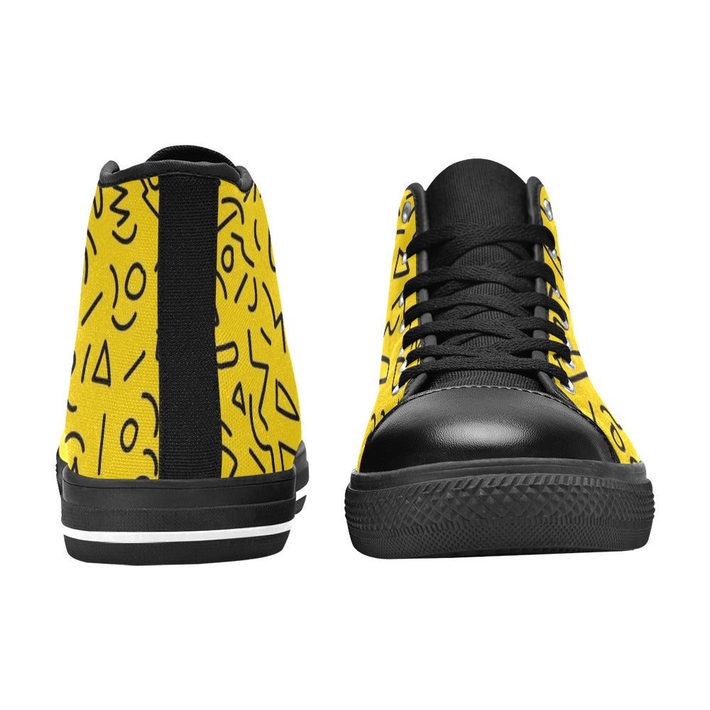 Black Squiggle On Yellow Women's High Top Canvas Shoes Womens Classic High Top Shoes Printed Offshore Retro