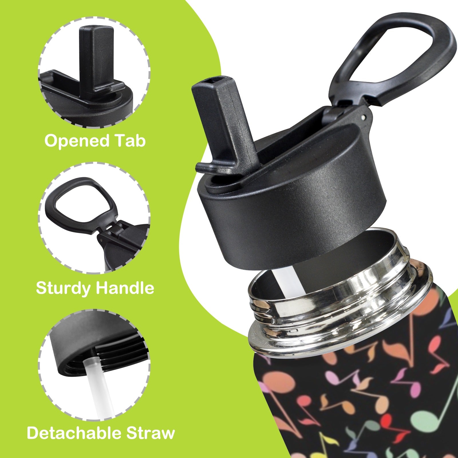 Quavers, Music Notes 12oz Kids Water Bottle with Straw Lid
