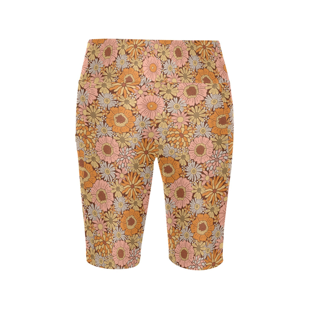 Orange Retro Floral Women's Bike Shorts With Side Pockets