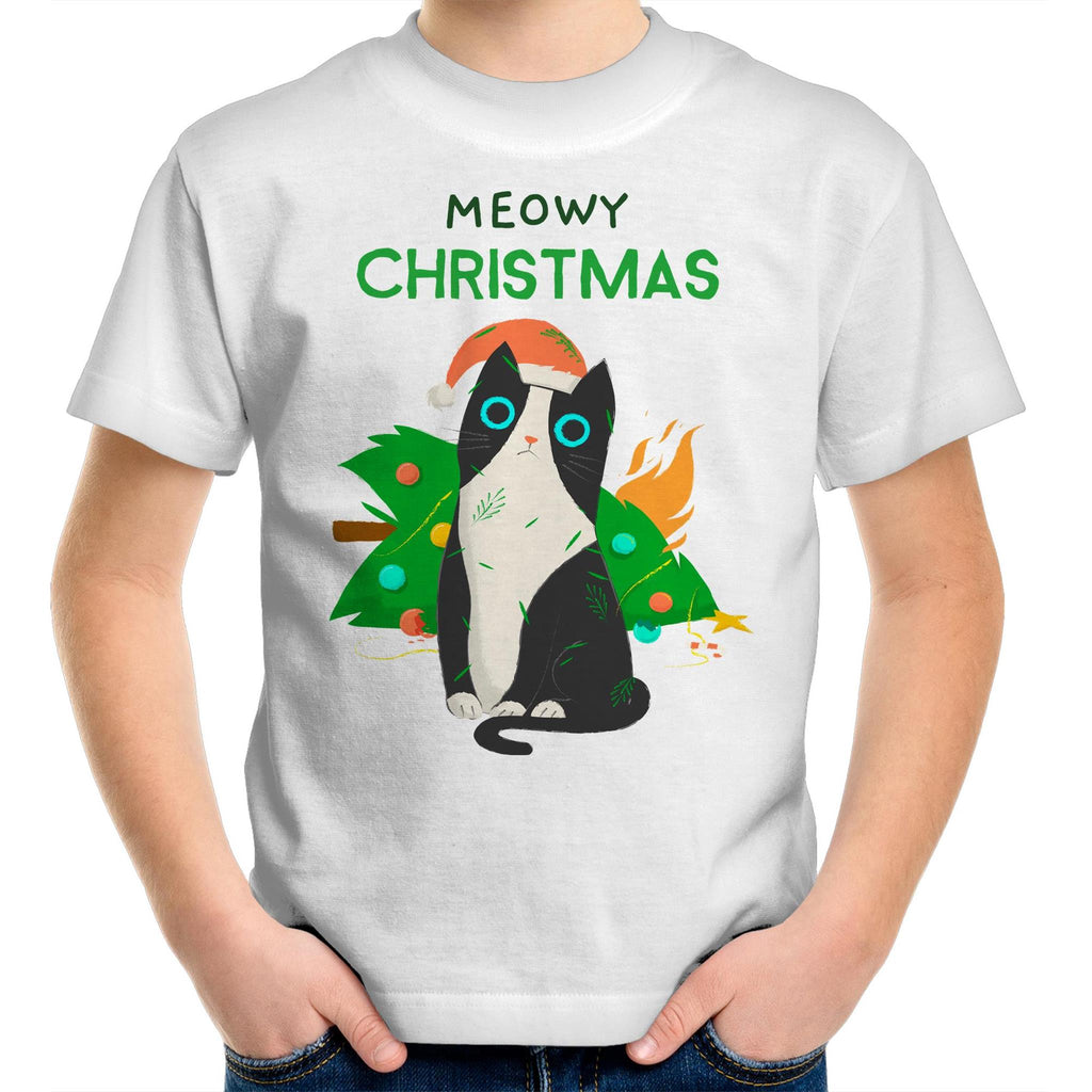 Meowy Christmas - Kids Youth T-Shirt White Kids Christmas T-shirt Christmas Printed In Australia