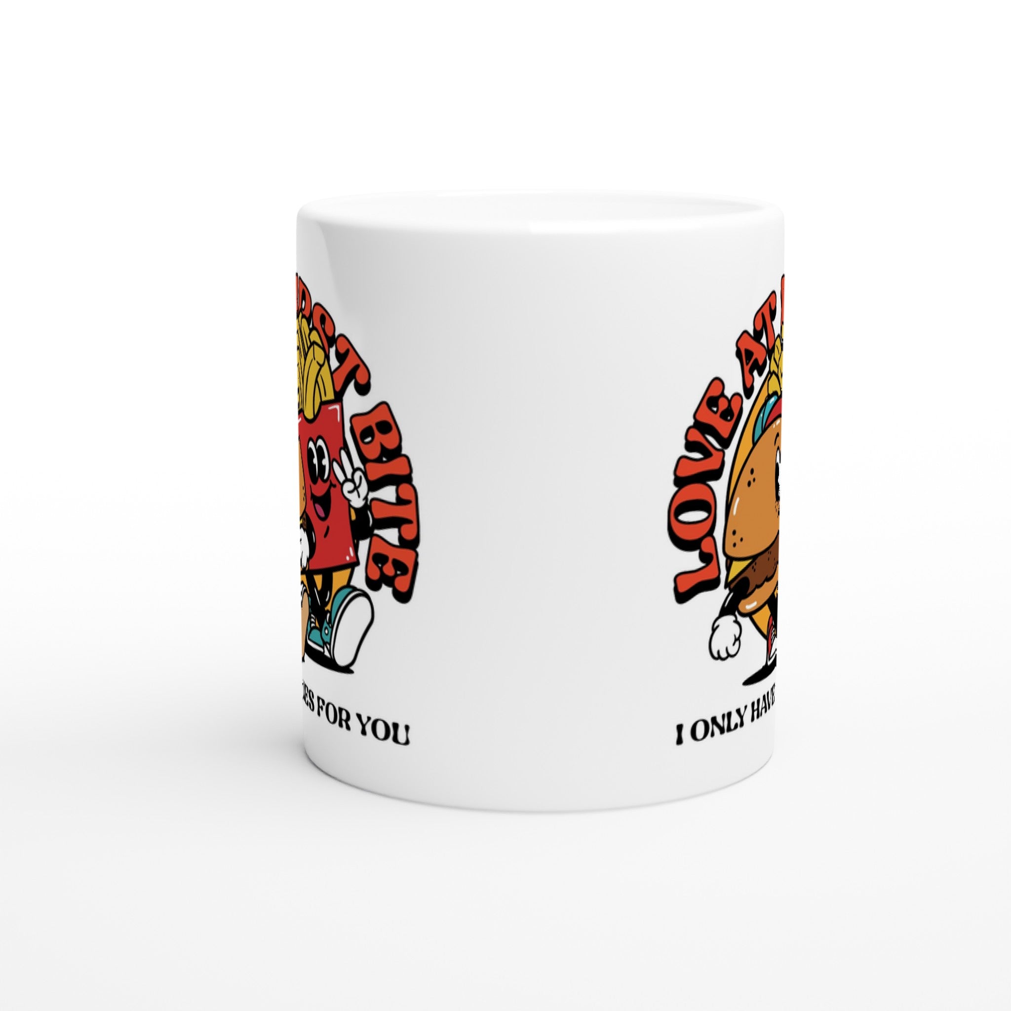 Love At First Bite, Burger And Fries - White 11oz Ceramic Mug White 11oz Mug food Globally Fulfilled