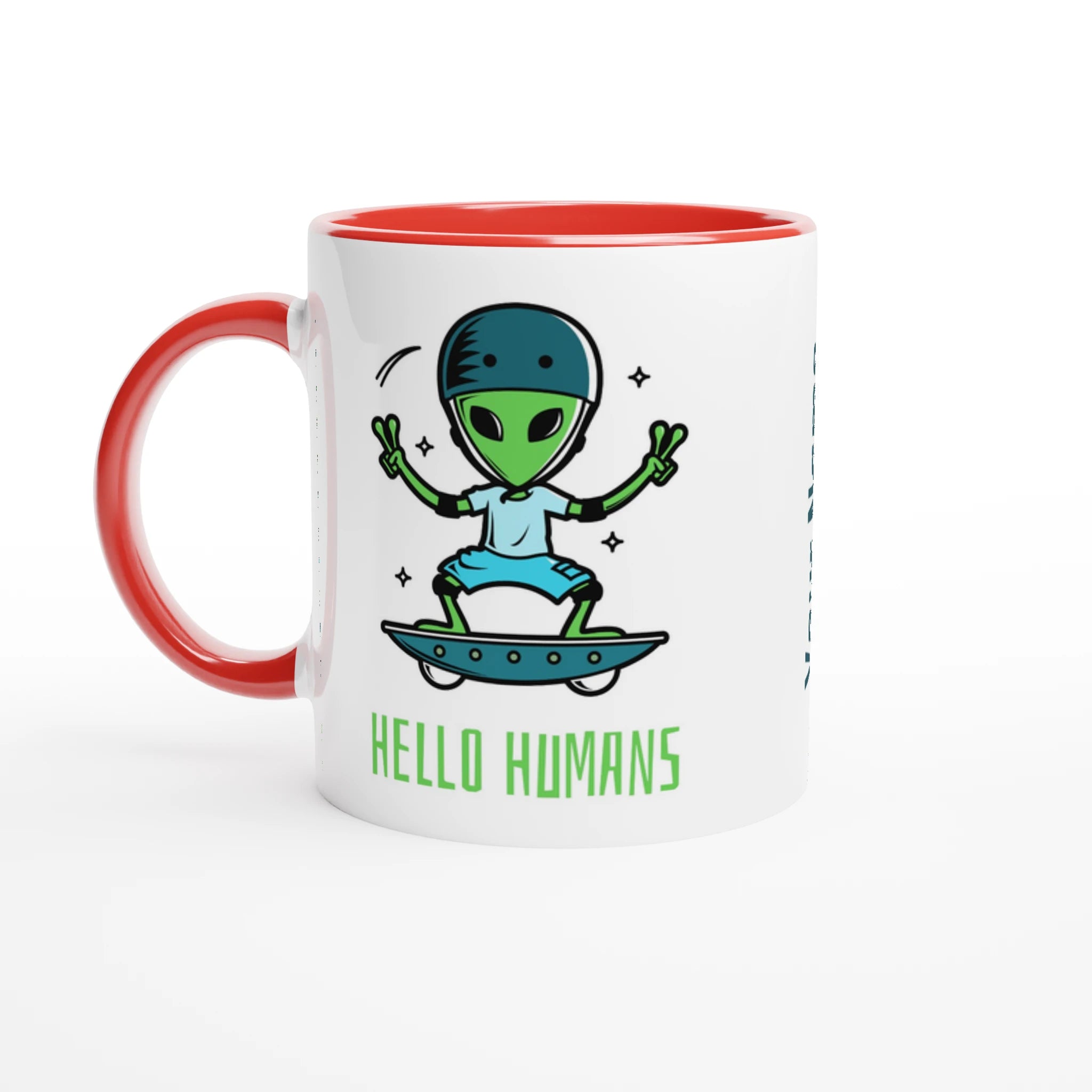 Personalised - Hello Humans - White 11oz Ceramic Mug with Colour Inside Ceramic Red Personalised 11oz Mug customise Globally Fulfilled personalise Sci Fi