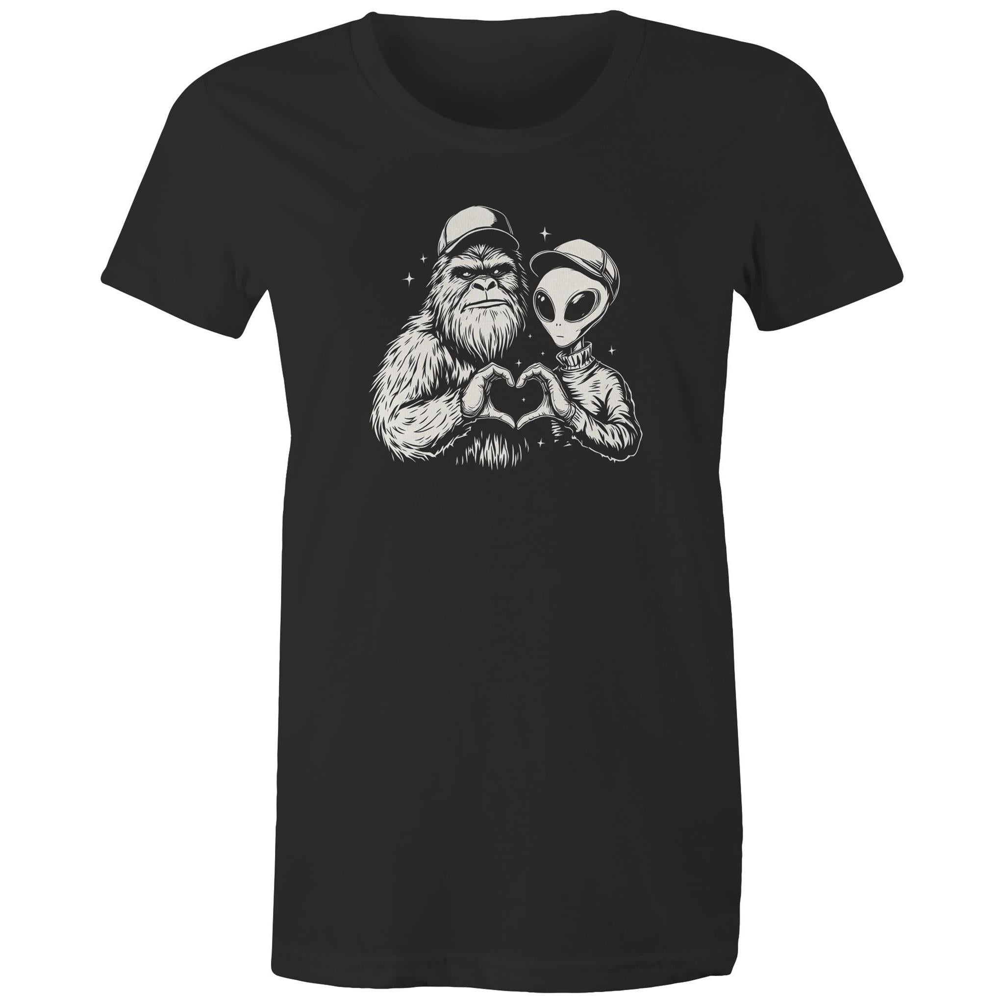 Alien Bigfoot Heart Hands - Womens T-shirt Black Womens T-shirt Love Printed In Australia Sci Fi