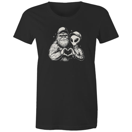 Alien Bigfoot Heart Hands - Womens T-shirt Black Womens T-shirt Love Printed In Australia Sci Fi
