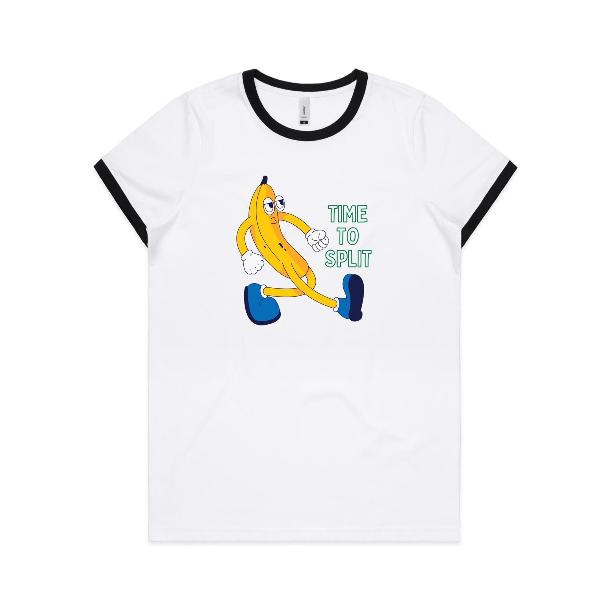 Banana, Time To Split - Women's Ringer Tee White Black Womens Ringer T-shirt Food Printed In Australia