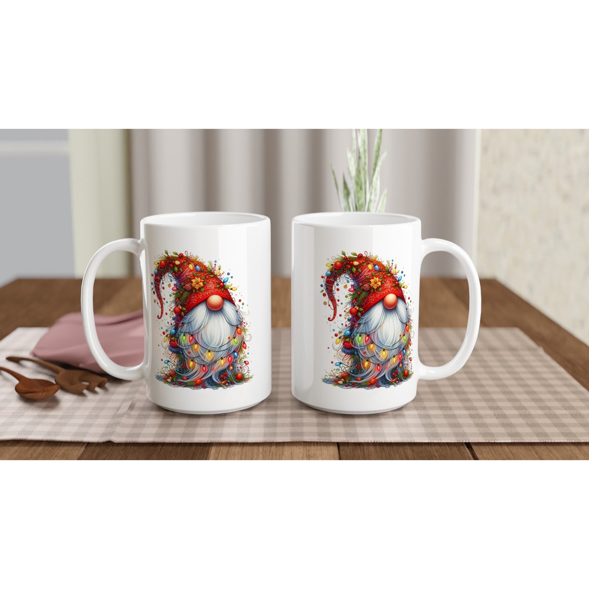 Christmas Gnome Wrapped In Lights - White 15oz Ceramic Mug Christmas 15oz Mug Christmas Globally Fulfilled