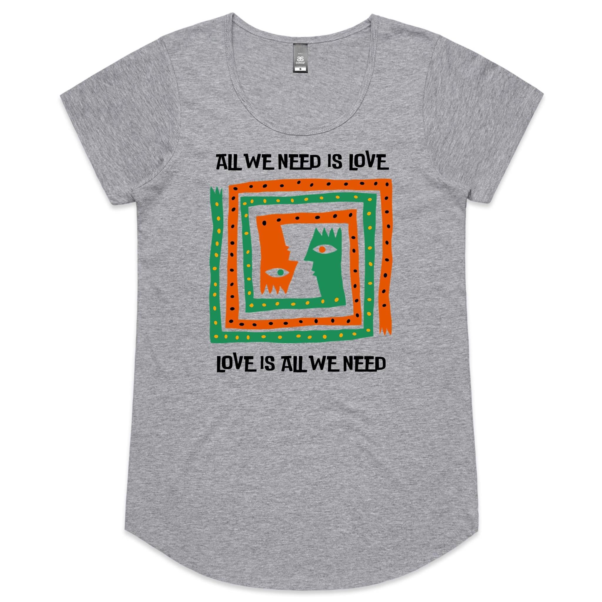 All We Need Is Love - Womens Scoop Neck T-Shirt Grey Marle Womens Scoop Neck T-shirt Love Printed In Australia
