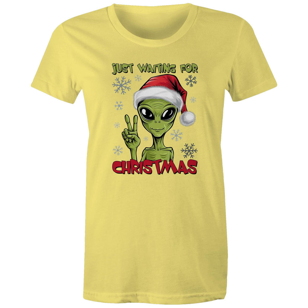 Just Waiting For Christmas, Alien - Womens T-shirt Yellow Womens Christmas T-shirt Christmas Printed In Australia