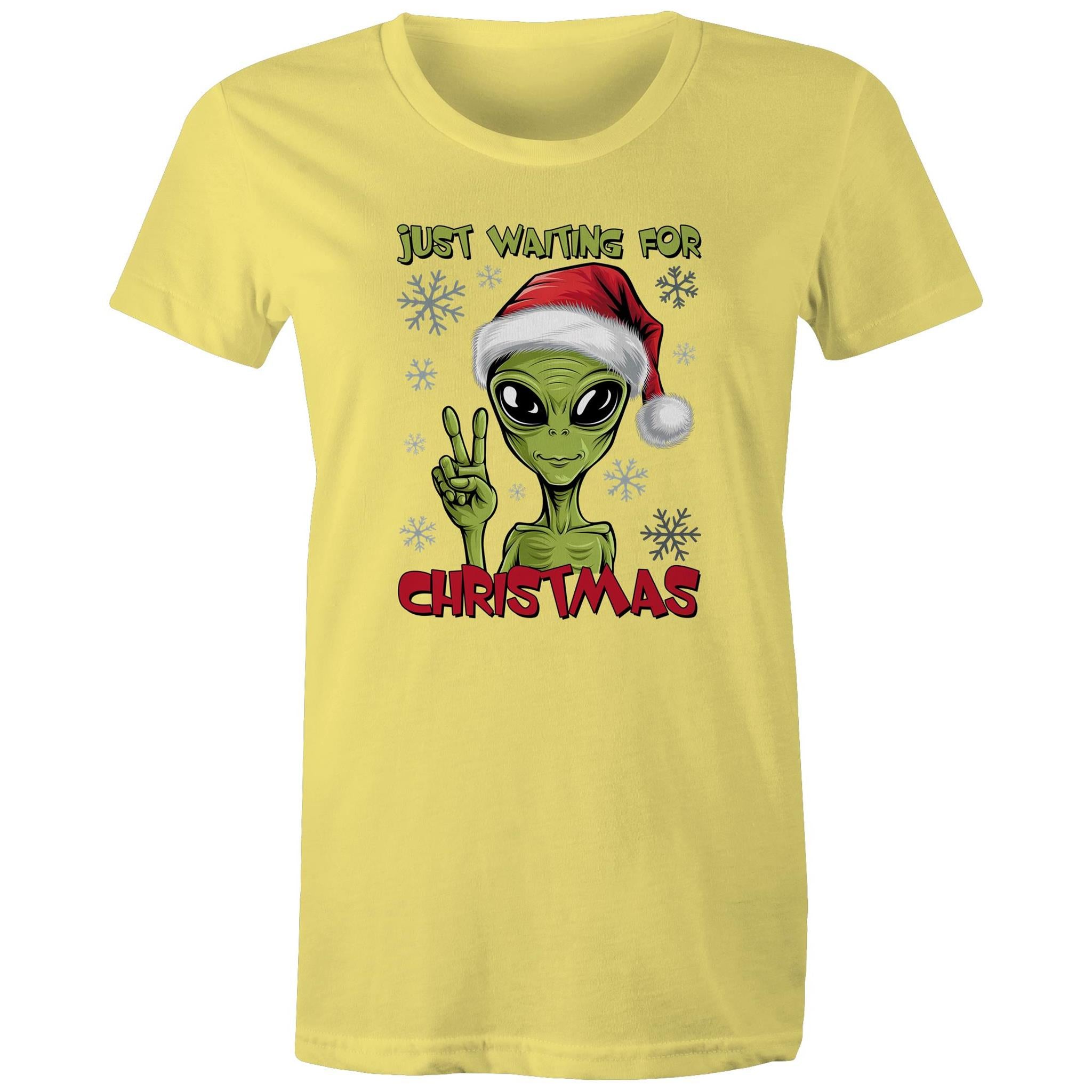 Just Waiting For Christmas, Alien - Womens T-shirt Yellow Womens Christmas T-shirt Christmas Printed In Australia