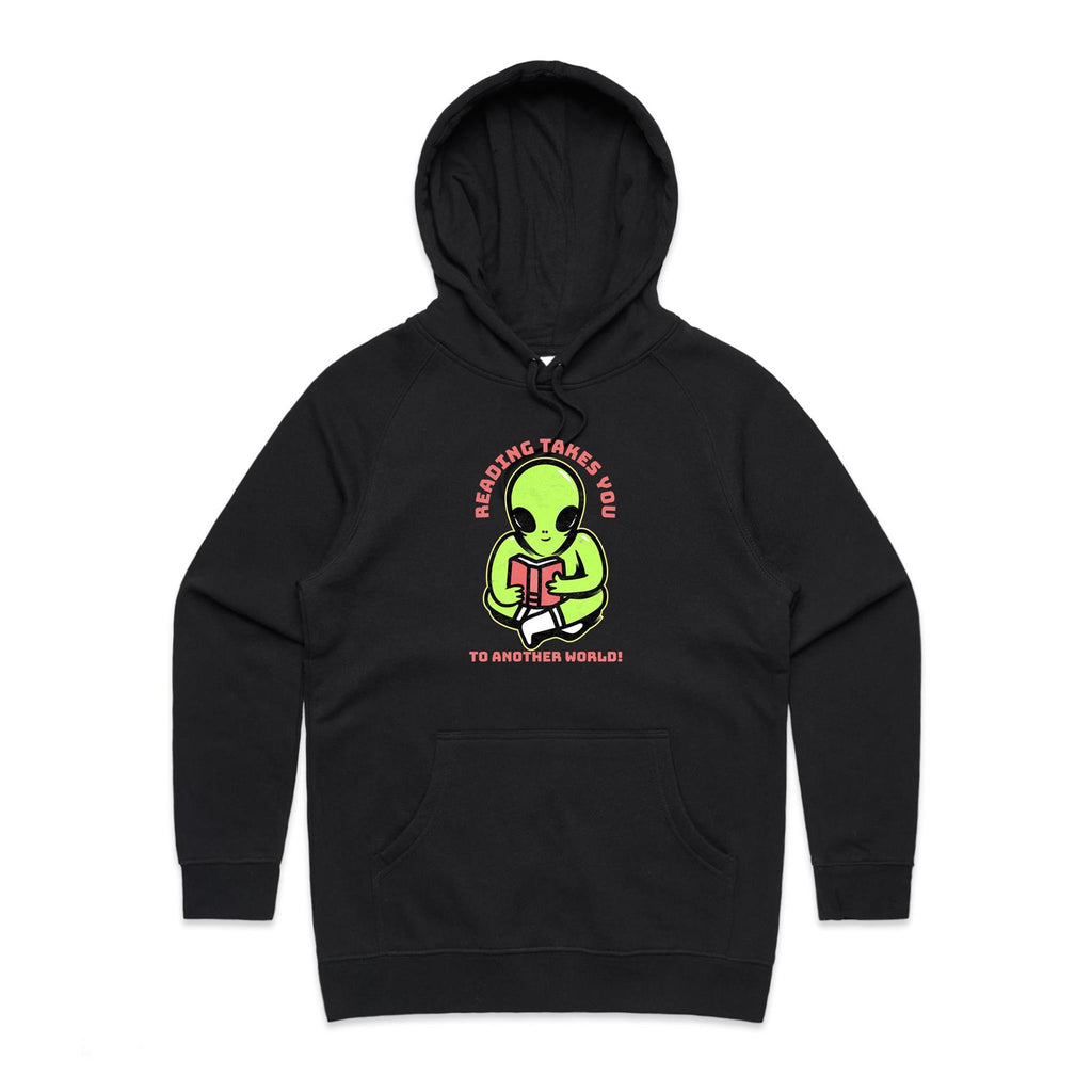 Reading Takes You To Another World, Alien - Womens Hoodie Black Womens Hoodie Printed In Australia Reading Sci Fi