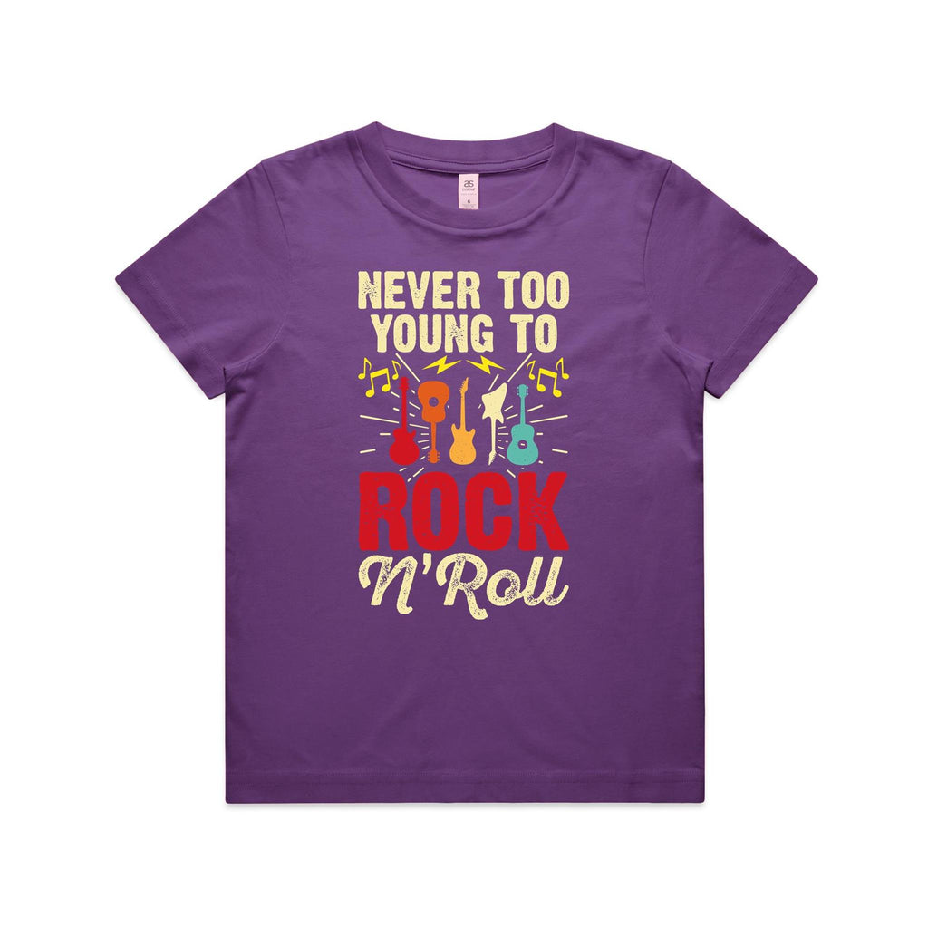 Never Too Young To Rock N Roll Kid's AS Colour T-shirt Purple Kids Youth T-shirt Music Printed In Australia