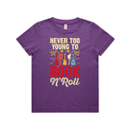 Never Too Young To Rock N Roll Kid's AS Colour T-shirt Purple Kids Youth T-shirt Music Printed In Australia