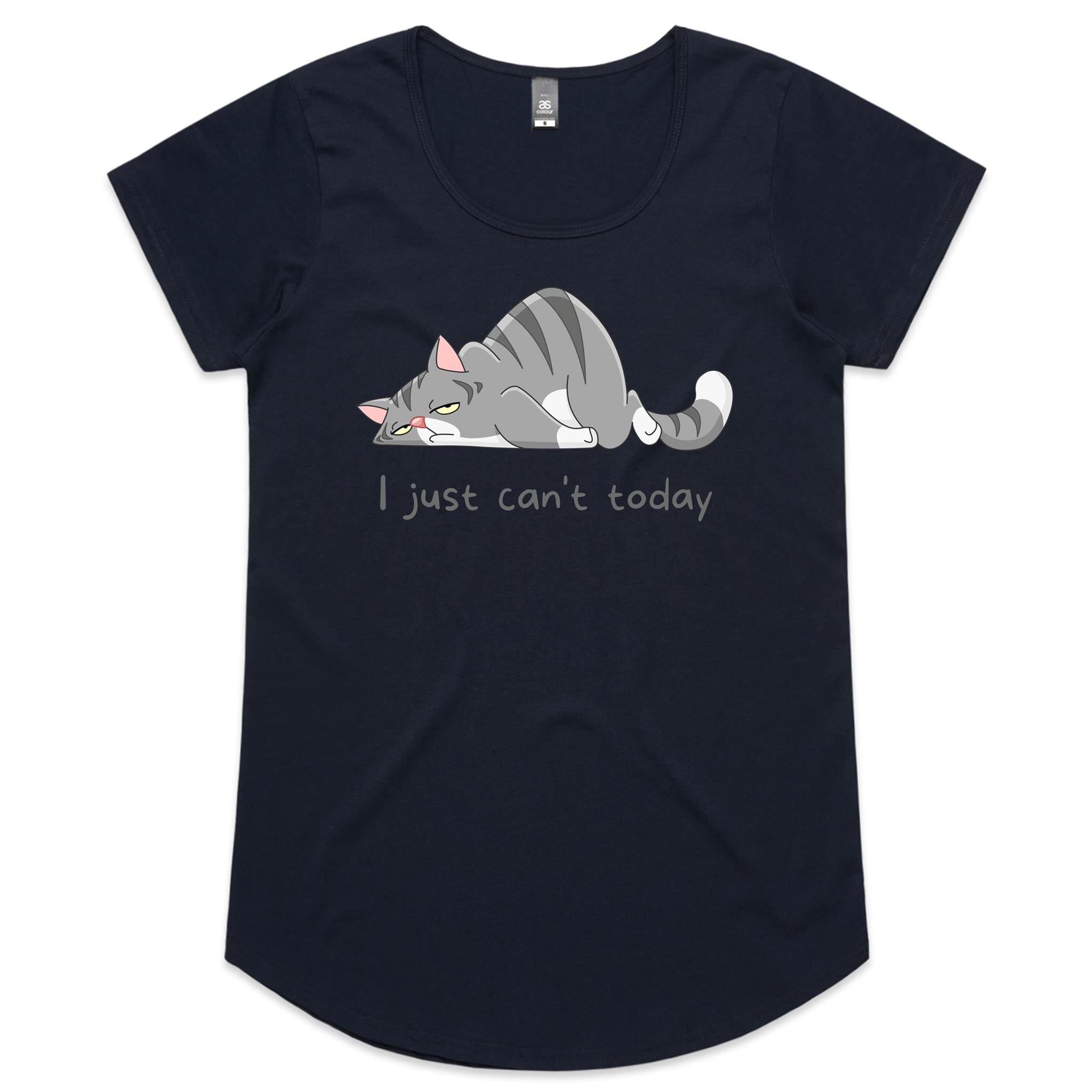 Cat, I Just Can't Today - Womens Scoop Neck T-Shirt Navy Womens Scoop Neck T-shirt animal Printed In Australia