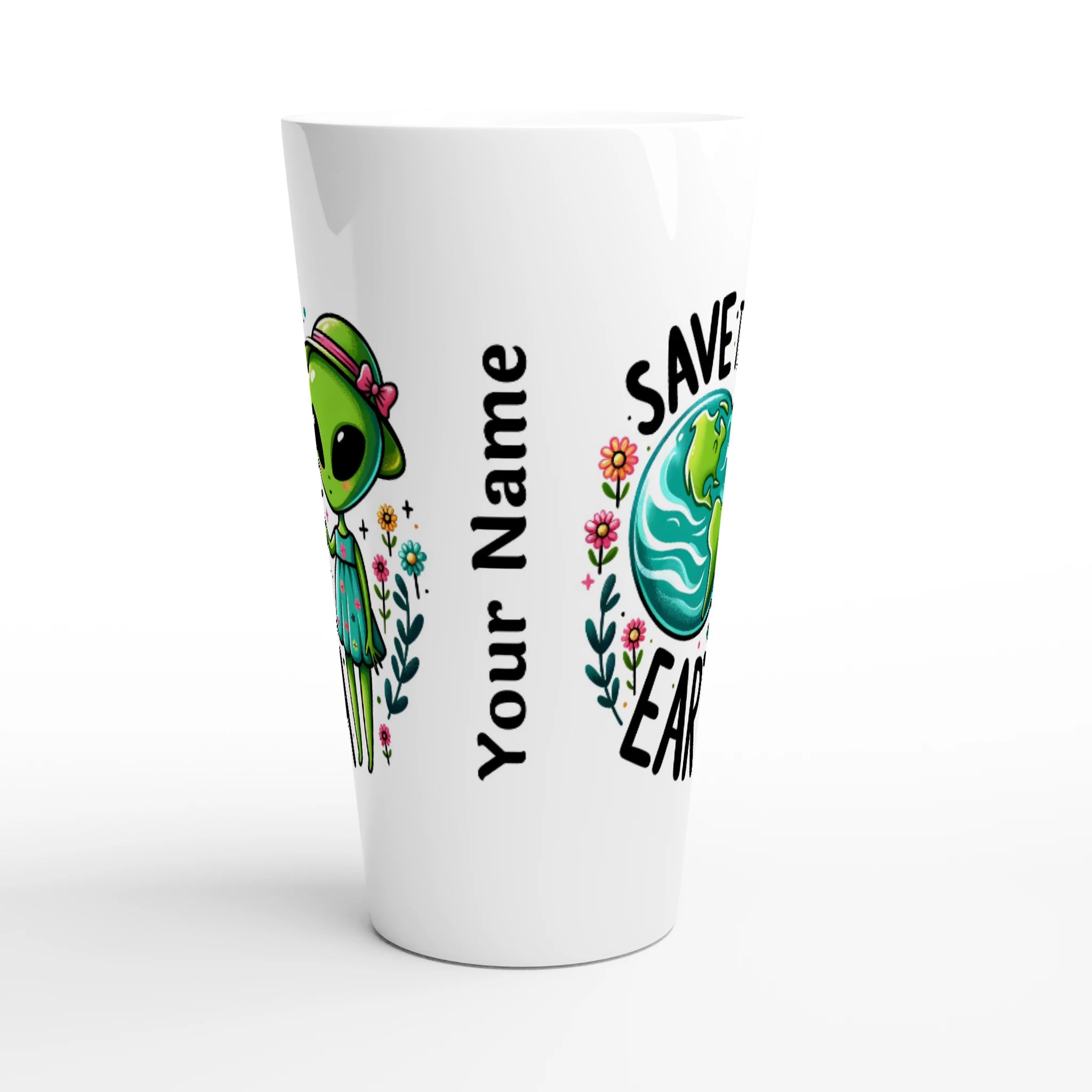 Personalised - Save The Earth, Alien - White Latte 17oz Ceramic Mug Personalised Latte Mug customise Environment Globally Fulfilled personalise Sci Fi