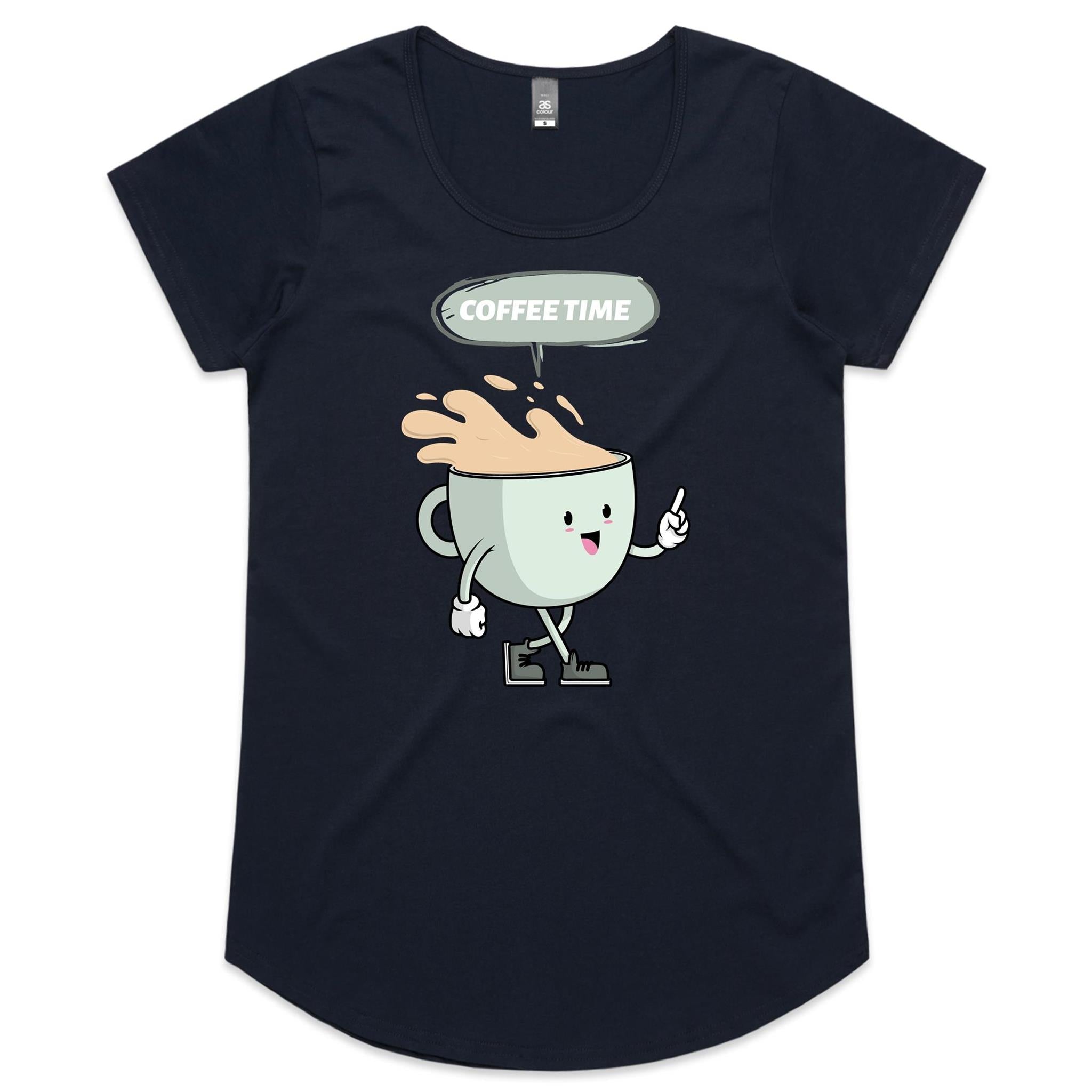 Coffee Time - Womens Scoop Neck T-Shirt Navy Womens Scoop Neck T-shirt Coffee Printed In Australia