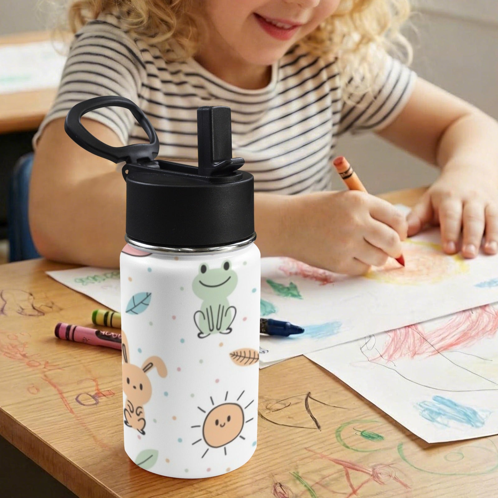 Cute Forest Creatures 12oz Kids Water Bottle with Straw Lid