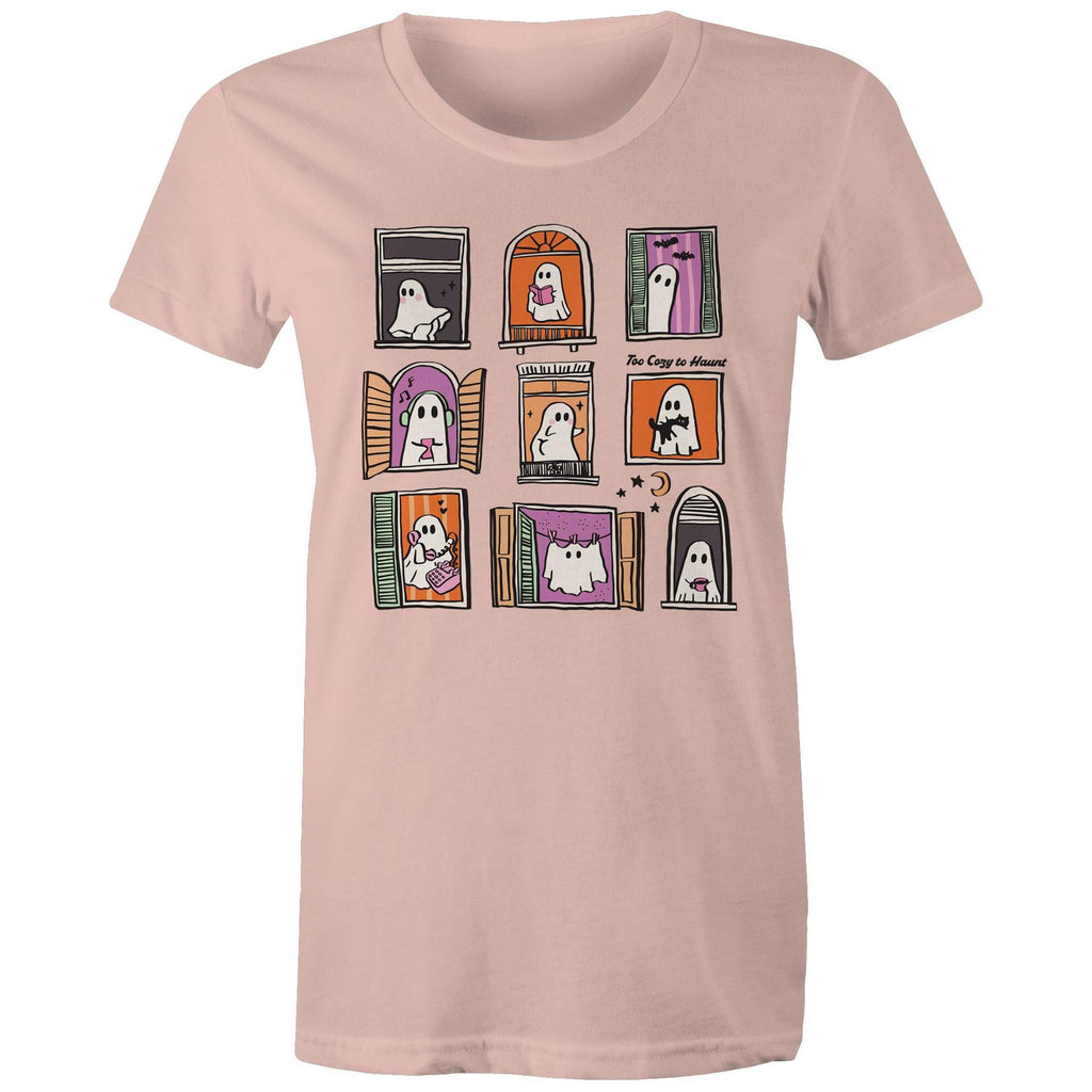 Ghosts In Windows - Womens T-shirt Pale Pink Womens T-shirt Halloween Printed In Australia