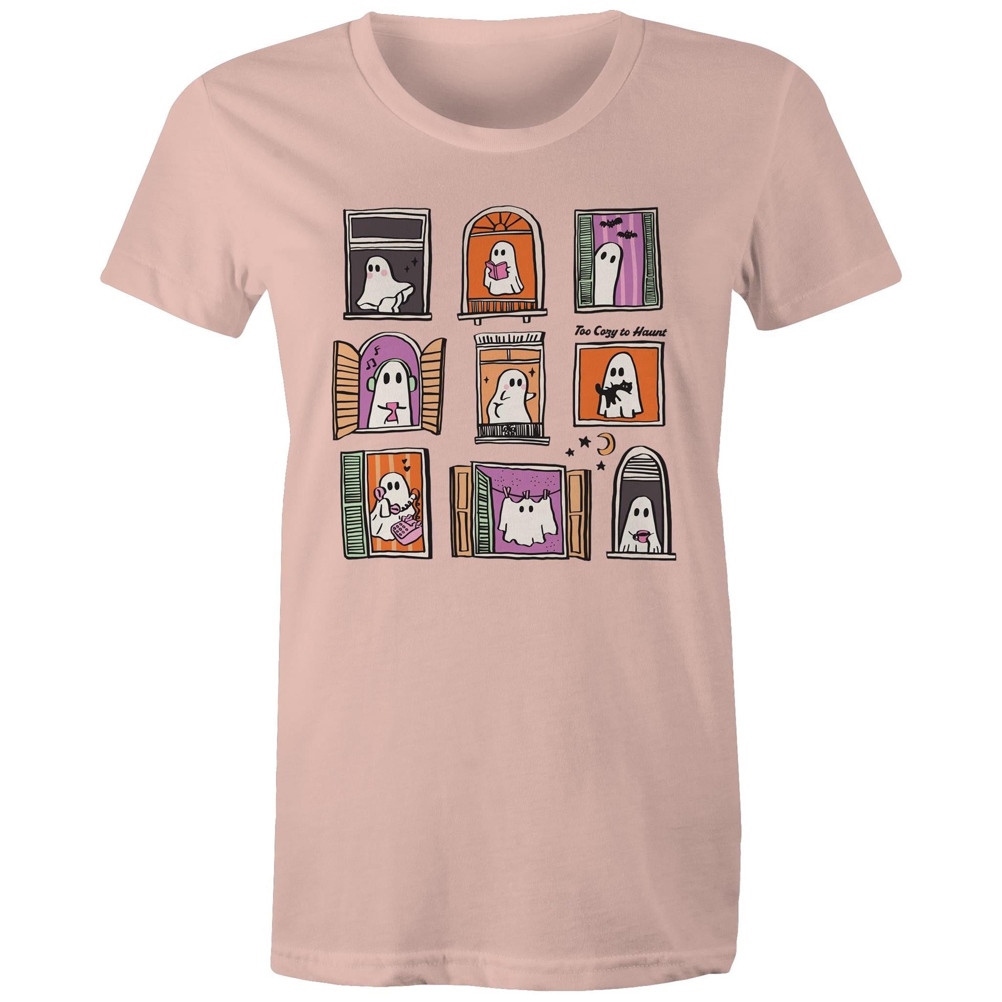 Ghosts In Windows - Womens T-shirt Pale Pink Womens T-shirt Halloween Printed In Australia