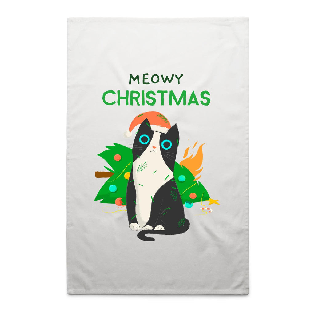 Meowy Christmas - AS Colour Tea Towel White One Size Christmas Tea Towel Christmas Printed In Australia