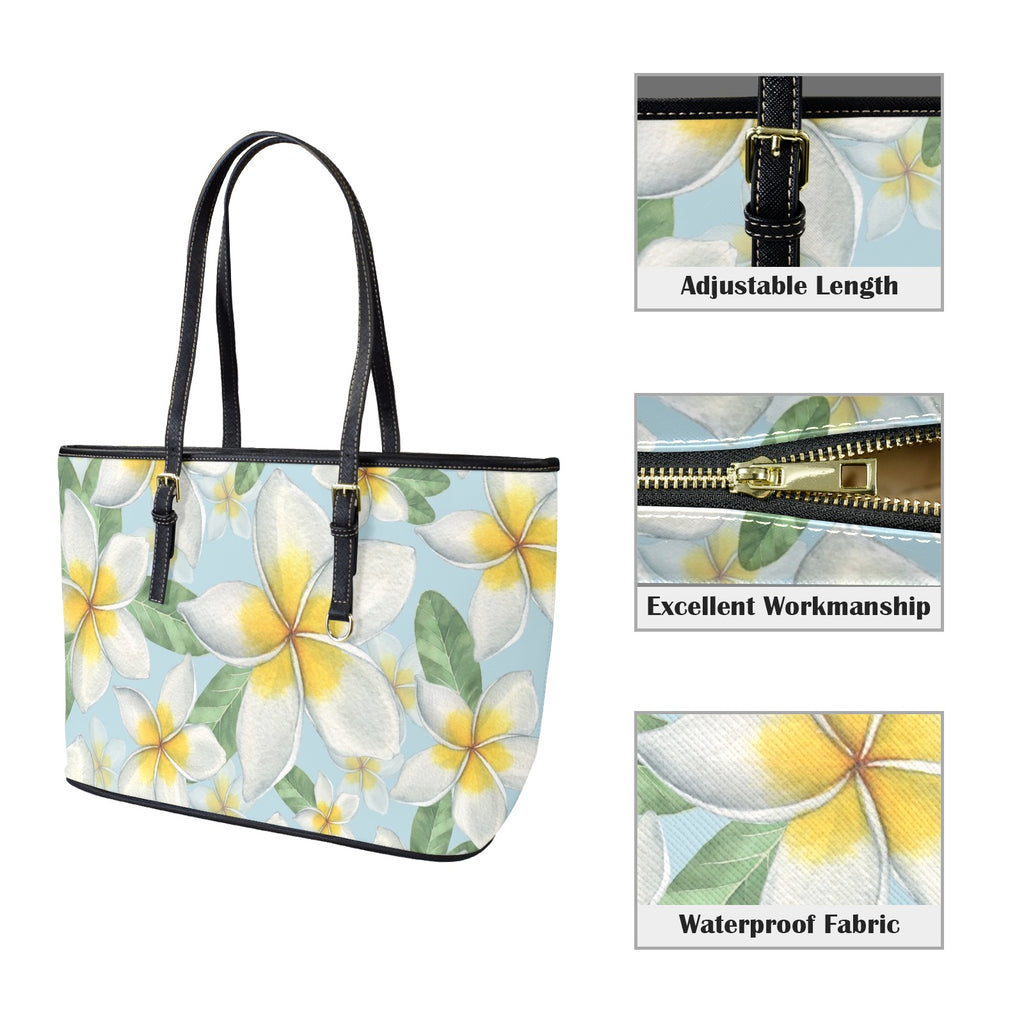 Delicate Frangipani PU Leather Tote Bag Large Leather Tote Bag-Large Plants Printed Offshore