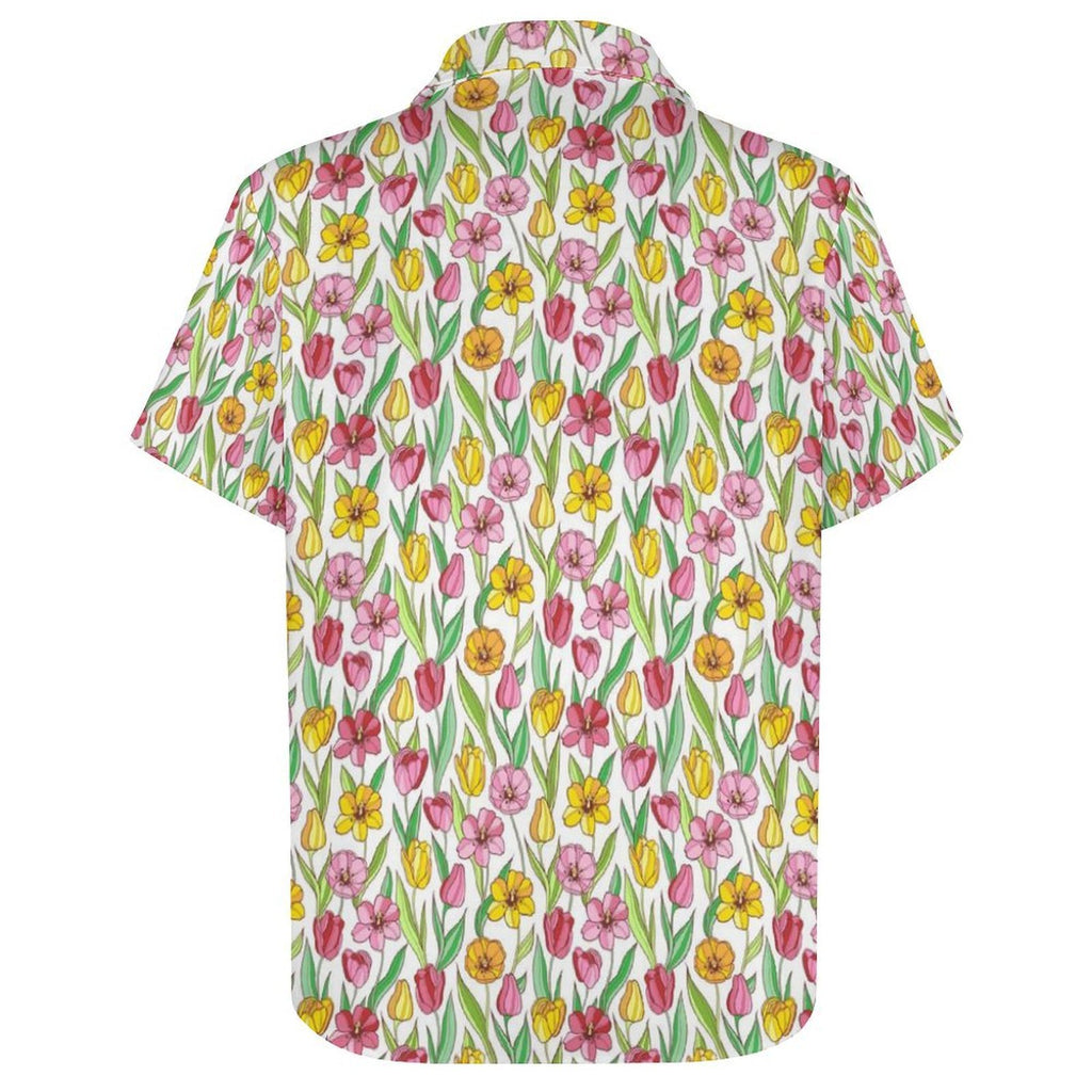 Pink And Yellow Floral Women's Collared Pocketless Short Sleeve Shirt