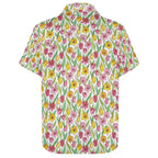 Pink And Yellow Floral Women's Collared Pocketless Short Sleeve Shirt