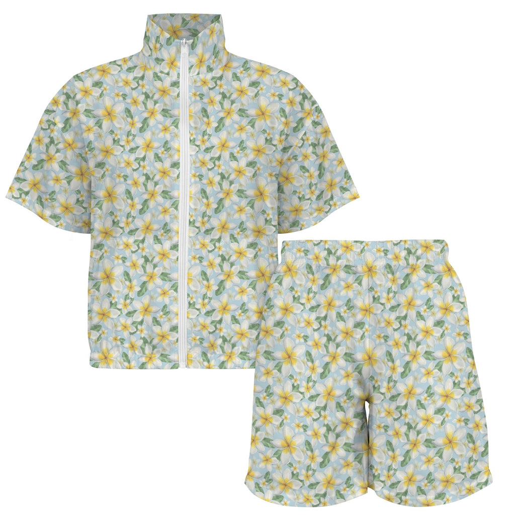Delicate Frangipani Women's Windbreaker Short Set Women's Windbreaker Short Set Plants Printed Offshore