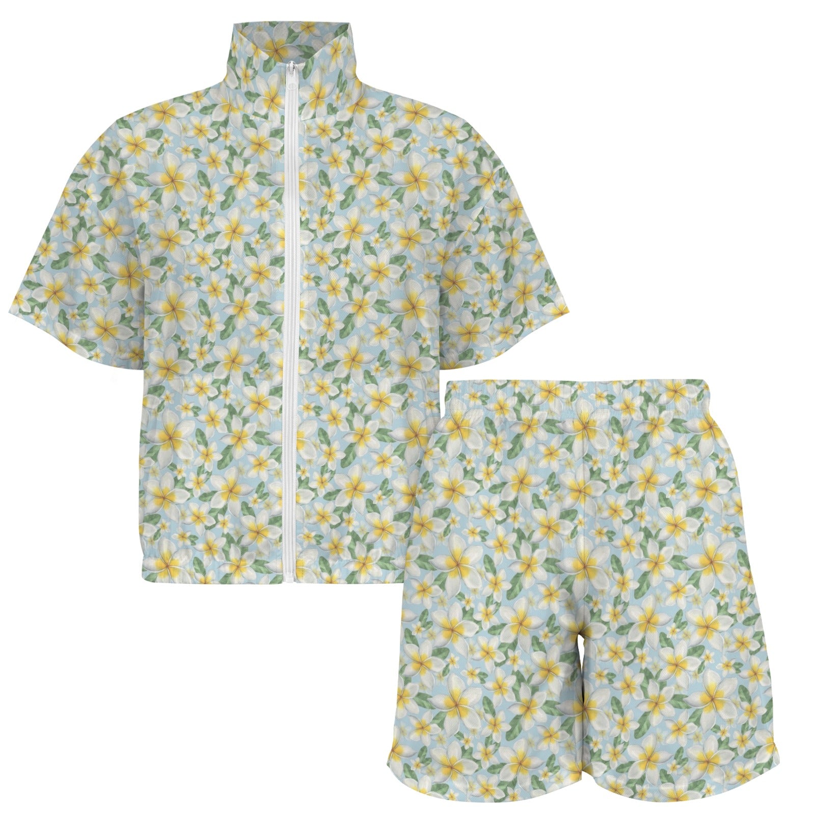 Delicate Frangipani Women's Windbreaker Short Set Women's Windbreaker Short Set Plants Printed Offshore