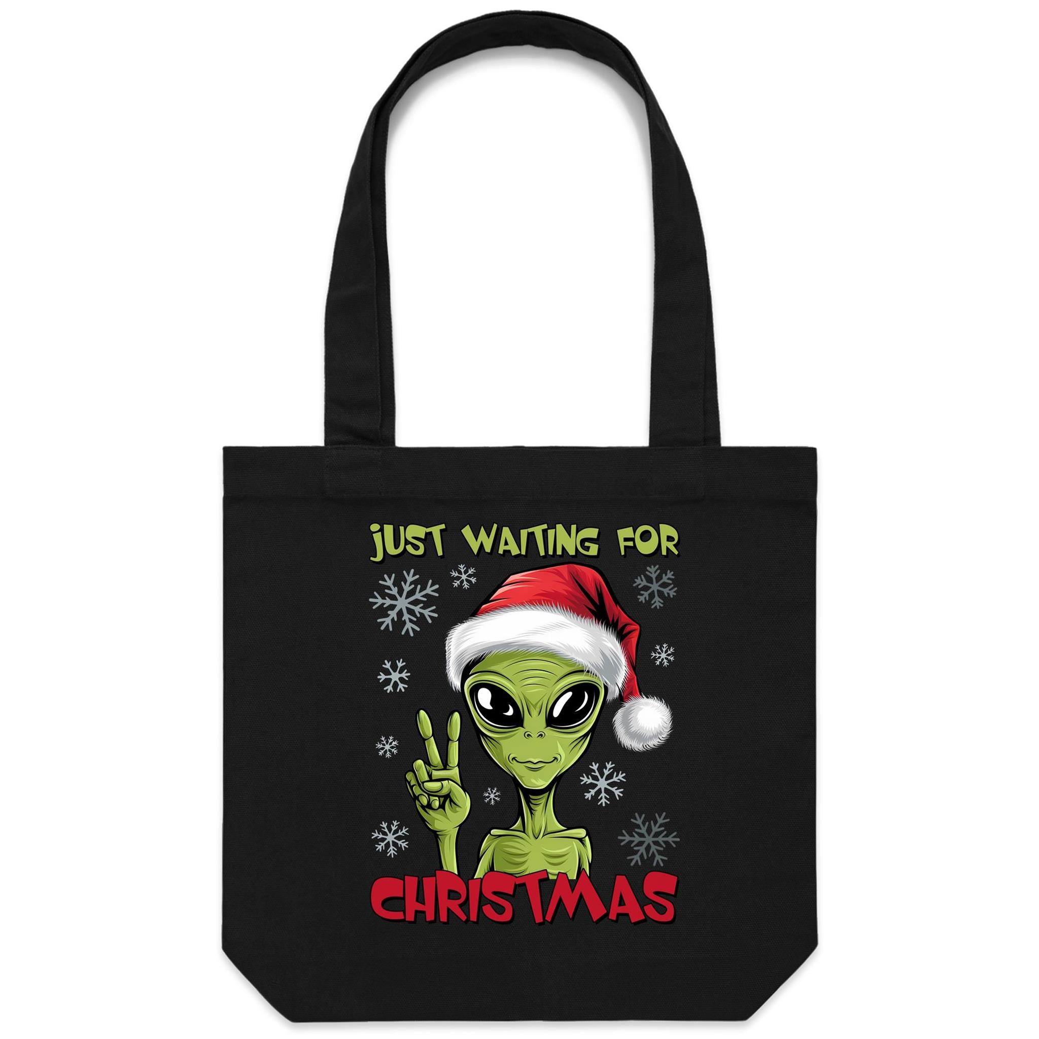 Just Waiting For Christmas, Alien - Canvas Tote Bag Black One Size Christmas Tote Bag Christmas Printed In Australia