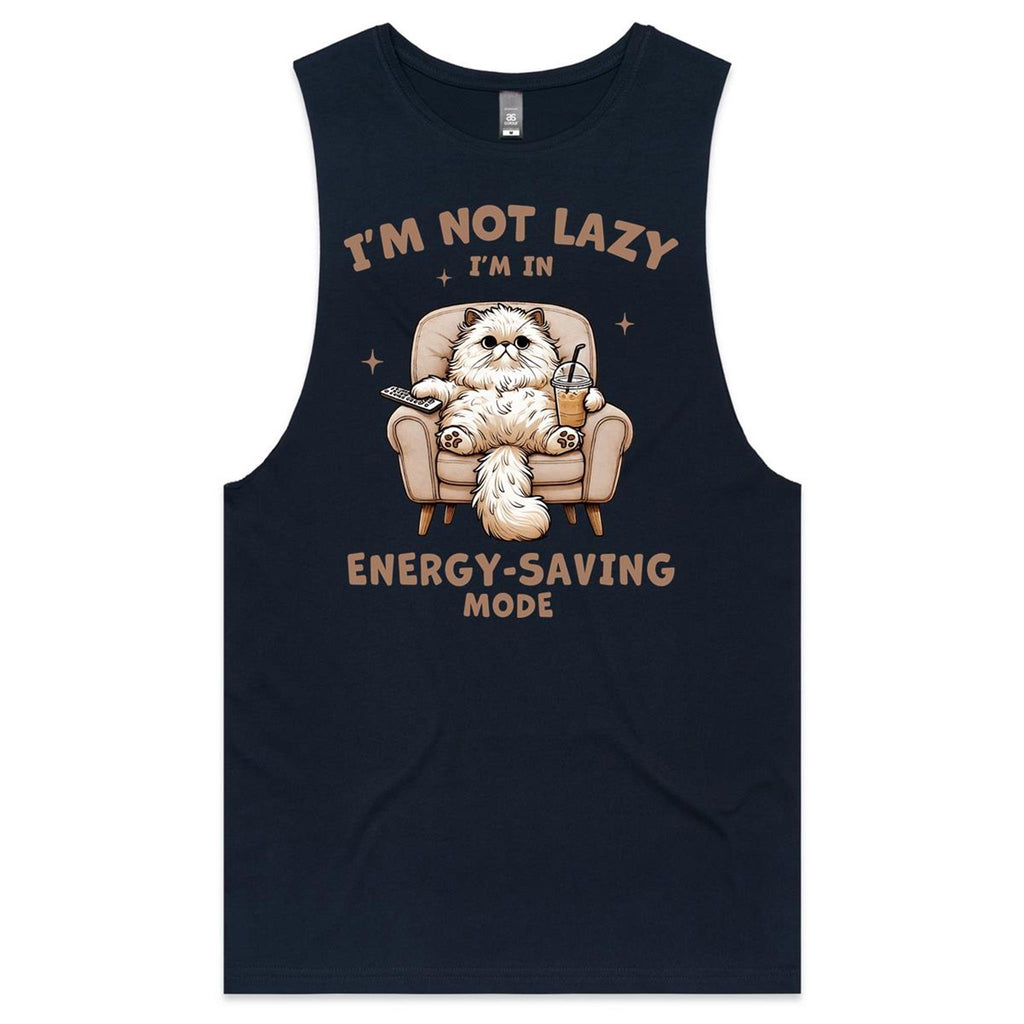 I'm Not Lazy, I'm In Energy Saving Mode, Cat Mens Men's AS Colour Drop Arm Tank Top Navy Drop Arm Tank Top animal Printed In Australia