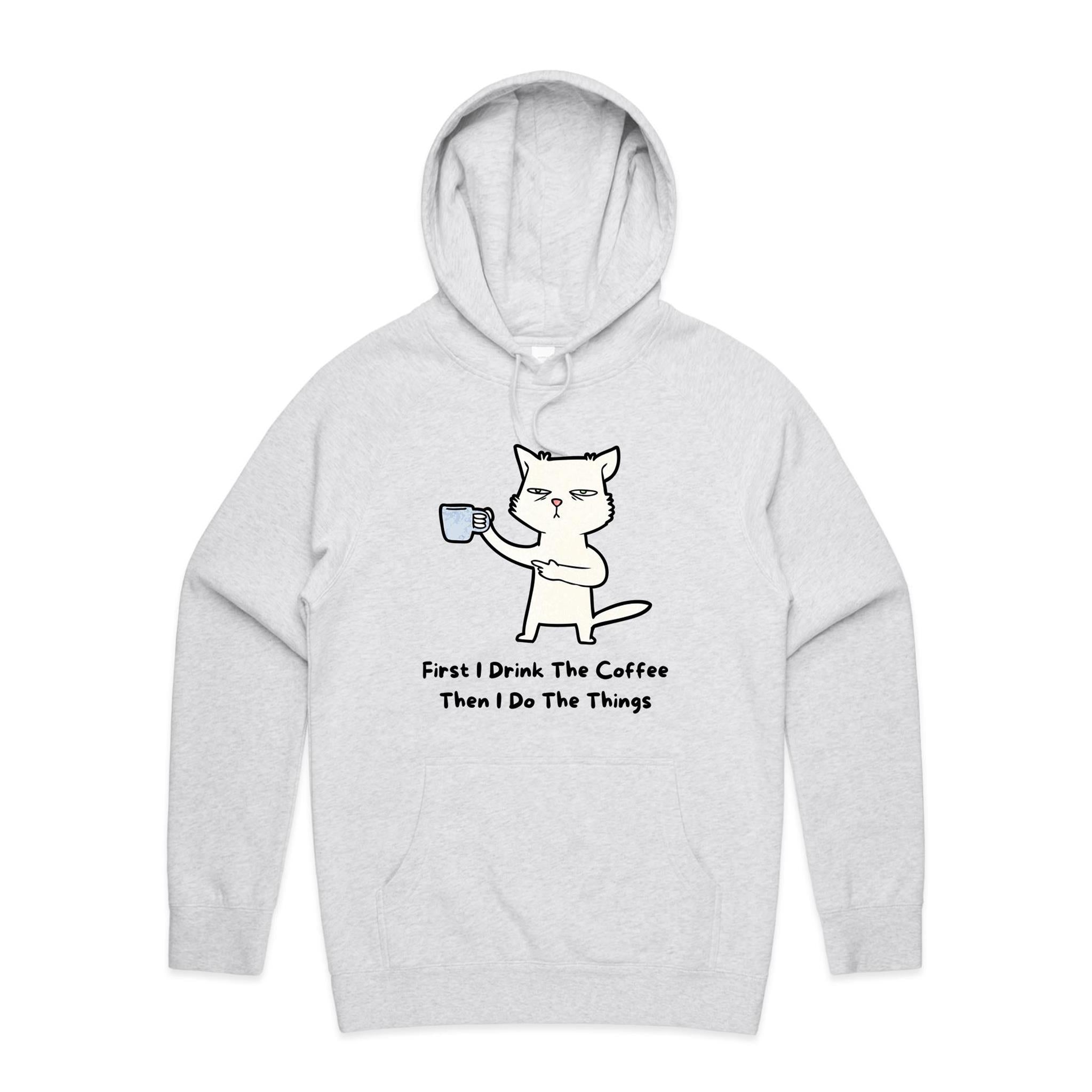 First I Drink The Coffee, Cat - Mens Hoodie White Marle Mens Hoodie animal Coffee Printed In Australia