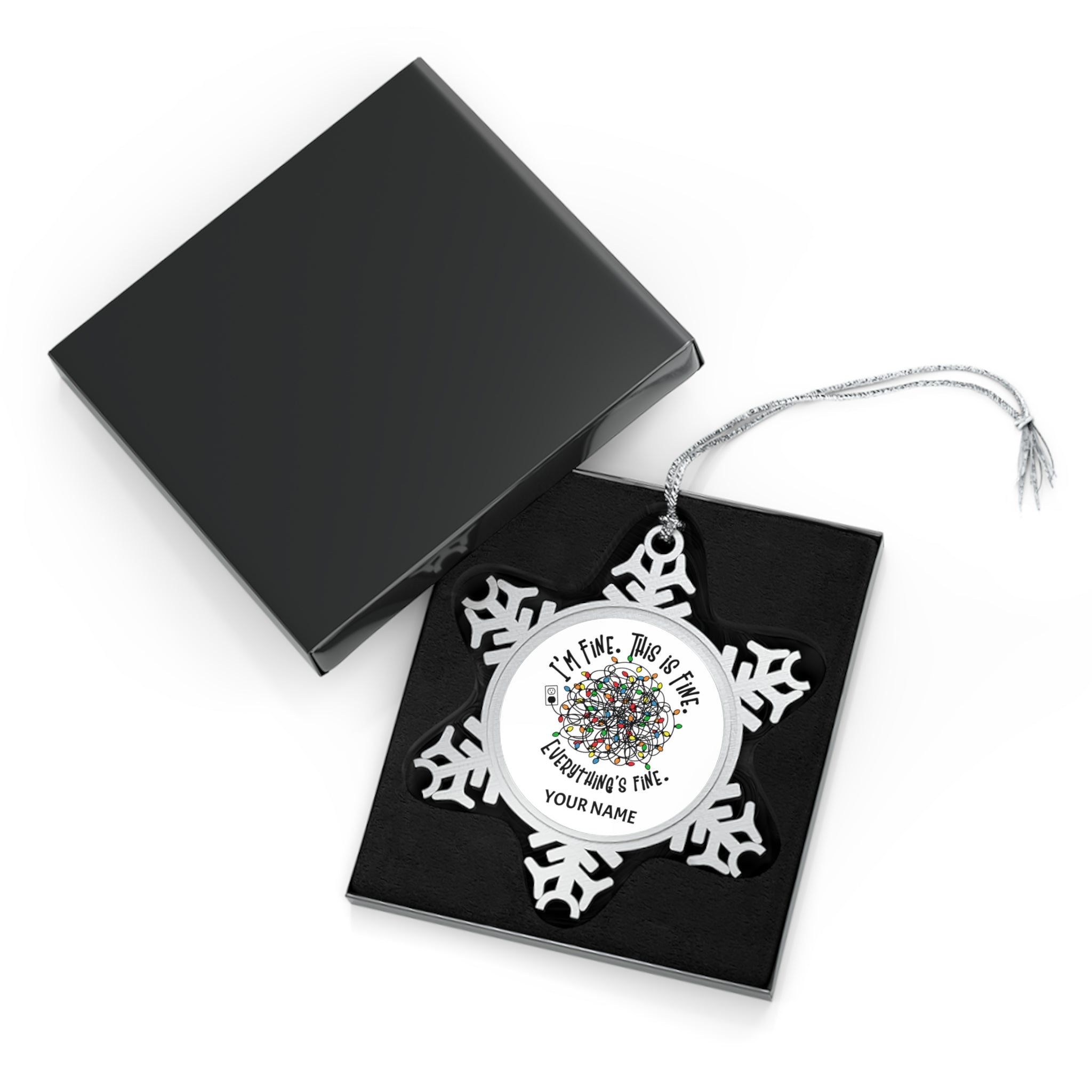 Personalised - Tangled Christmas Lights, I'm Fine, This Is Fine, Everything's Fine - Christmas Pewter Snowflake Ornament